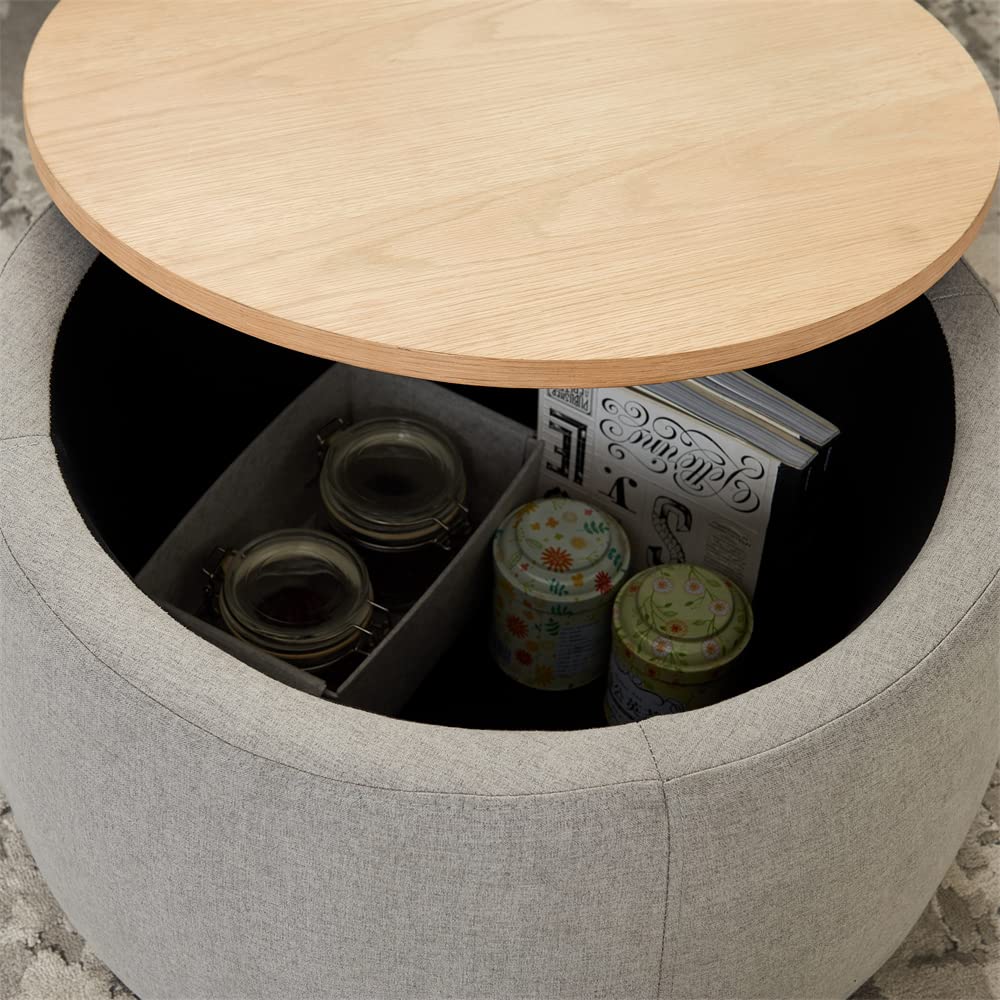 2-in-1 Round Storage Ottoman with Removable Tray - Upholstered Pleated Footrest Stool & Coffee Table - Light Grey Accent Furniture for Living Room, Bedroom, Vanity | Perfect as Makeup Stool, Side Table & End Table
