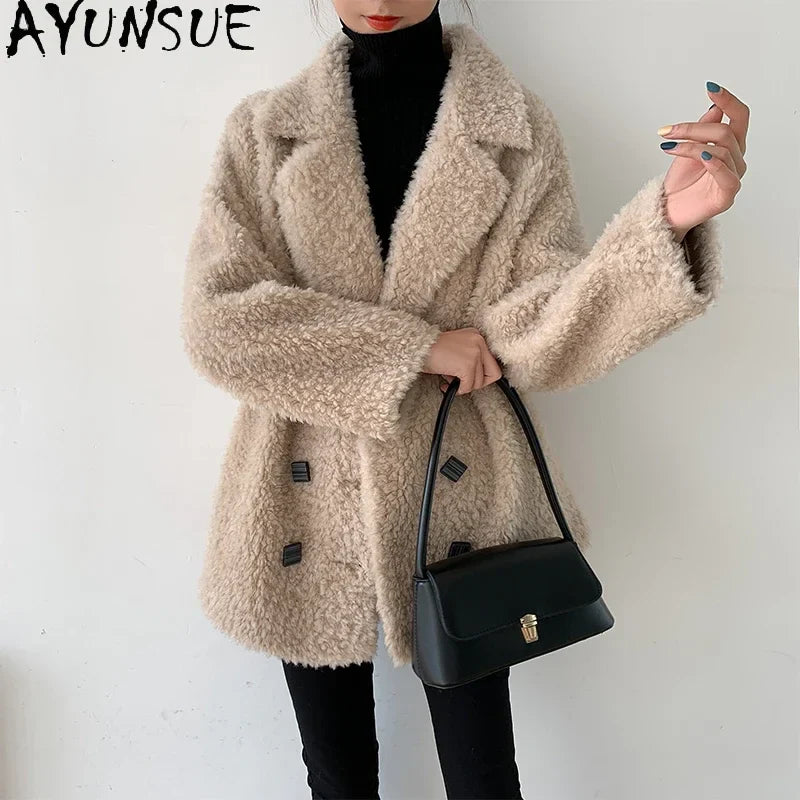 AYUNSUE Women's Short Real Sheep Shearling Coat - Winter Wool Jacket with Fur Trim, Korean Style Casual Outerwear for Women - Perfect for Cold Weather, Daily Wear, and Fashion Outfits