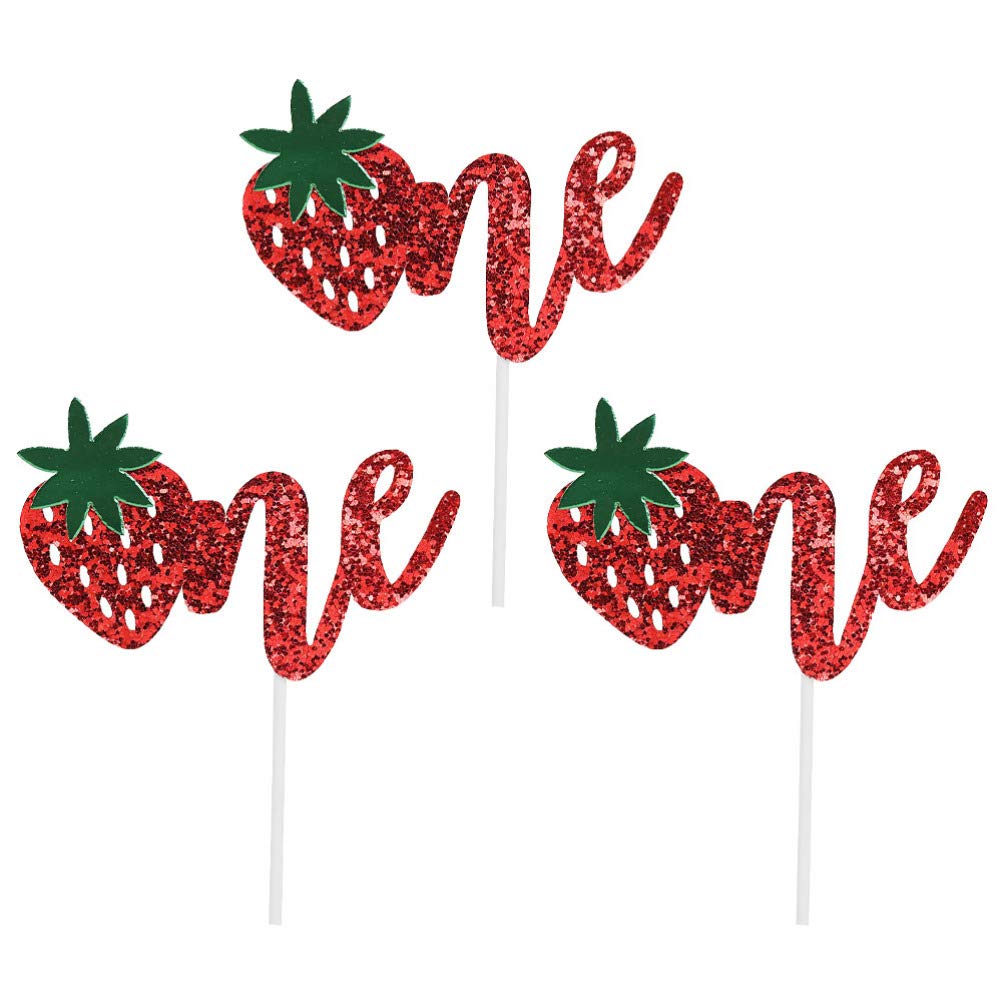 Amosfun 3-Piece Glitter Birthday Cake Topper Set with Strawberry Design - Perfect for Kids Birthday Cakes, Party Decorations & Celebrations (Red)