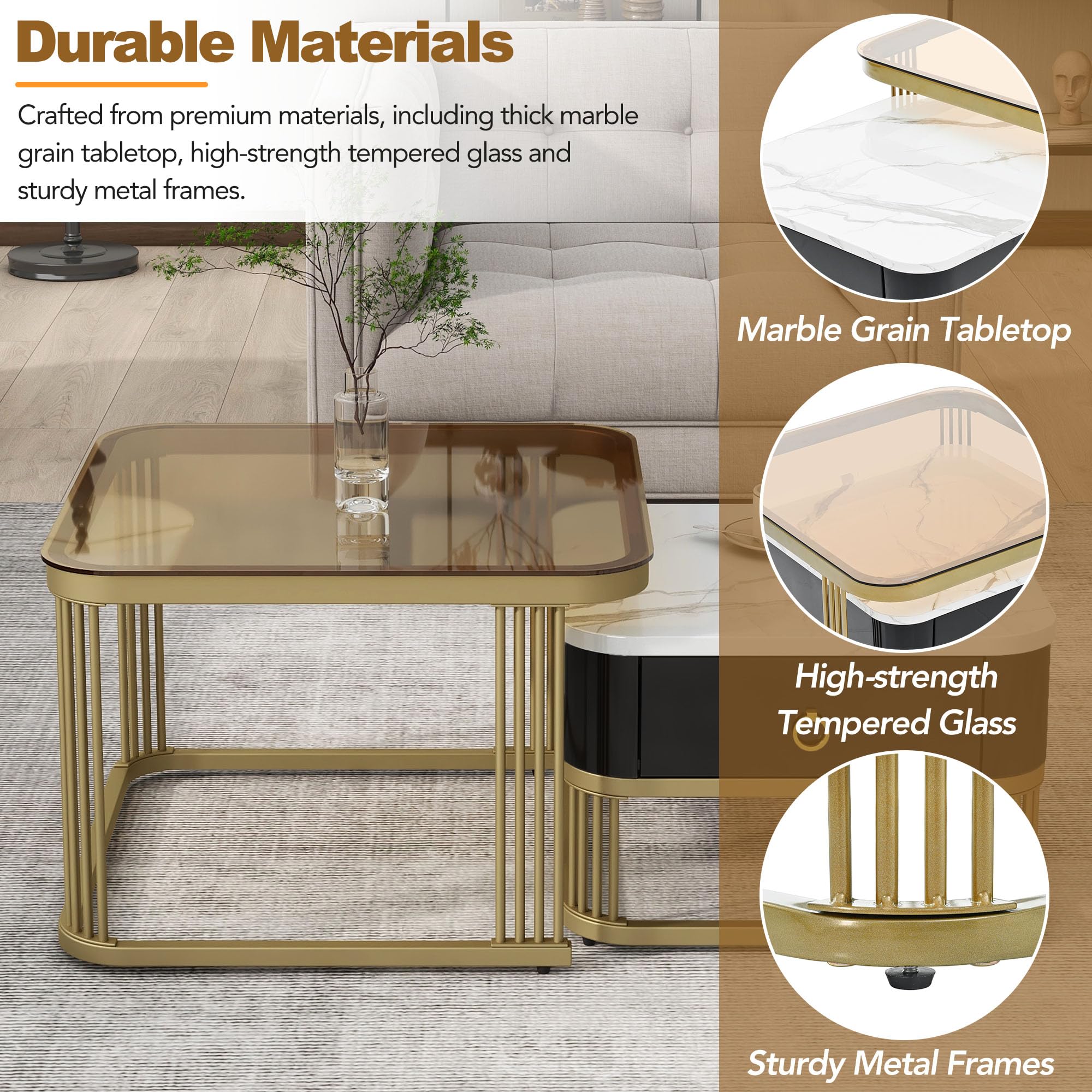 LUSPAZ 2-Piece Nesting Coffee Table Set with Drawer - Square Stackable Side Tables with Brown Tempered Glass & High Gloss Marble Grain Tabletop - Modern Living Room Furniture for Small Spaces, Apartments & Home Decor