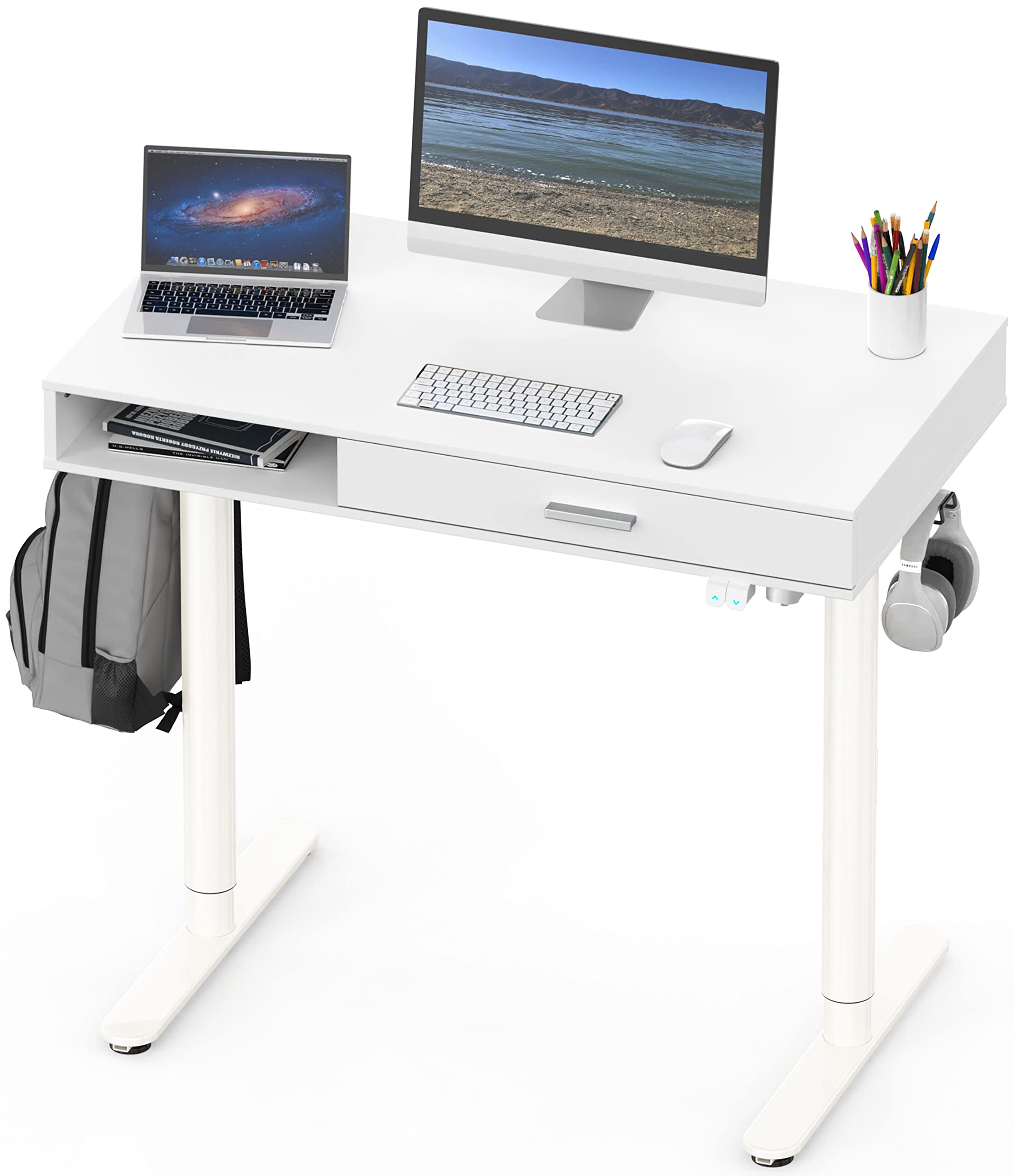 SHW Claire 40-Inch Electric Height Adjustable Standing Desk with Drawer - White | Home Office & Gaming Workstation for Ergonomic Comfort