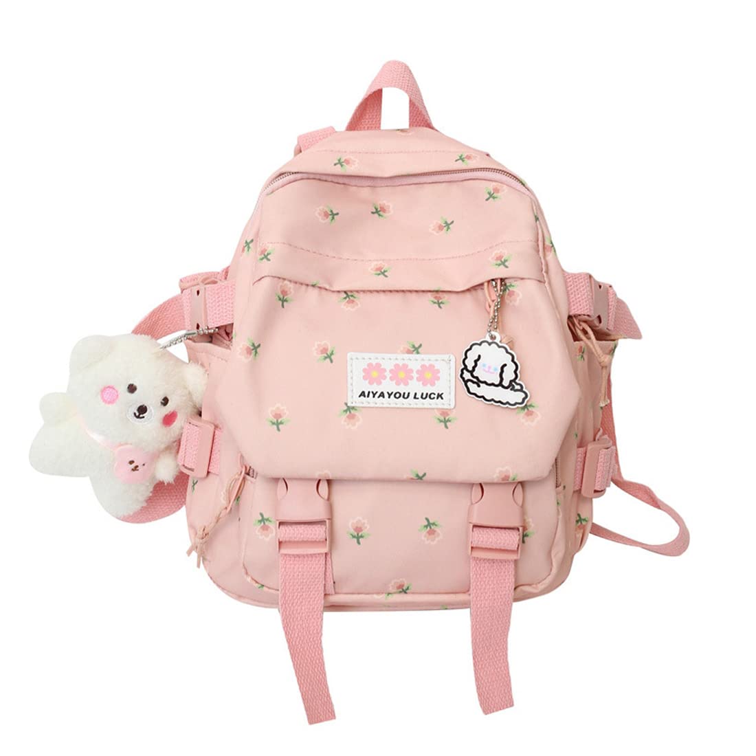 Cute Pink Kawaii Aesthetic Backpack for Girls - 10.6 Inch Mini School Bag with Flower Pendant, Japanese Style Backpack for School, Travel & Daily Use