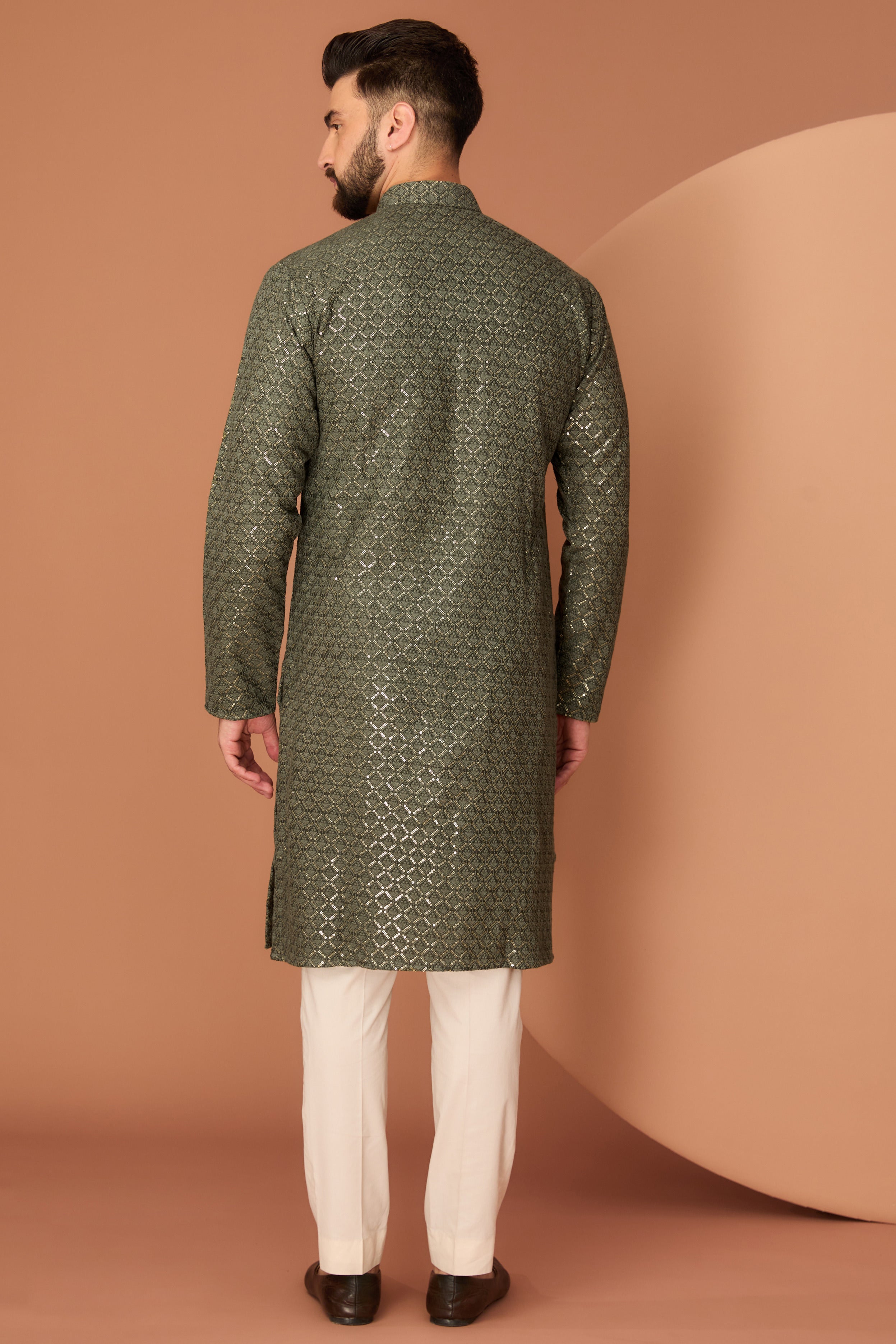 Stylish Military Green Embroidered Kurta for Men - Geometric Design Ethnic Wear - Perfect for Festivals, Weddings & Casual Outings