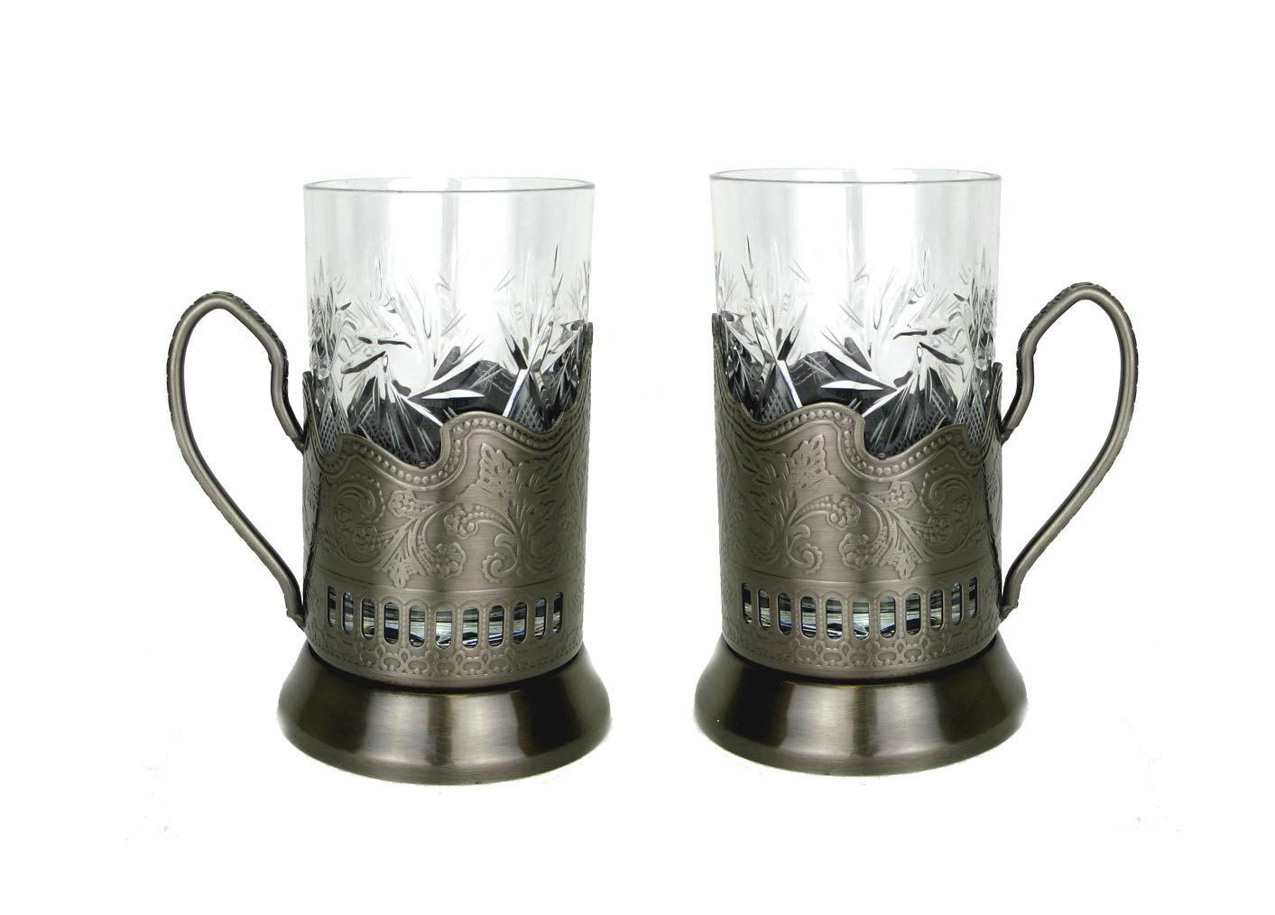 8.5 Oz Crystal Tea Glasses with Metal Holder (Set of 4) - Hot & Cold Beverage Drinking Cups with Podstakannik - Perfect for Russian Tea, Coffee, or Cocktails at Home, Office, or Restaurant