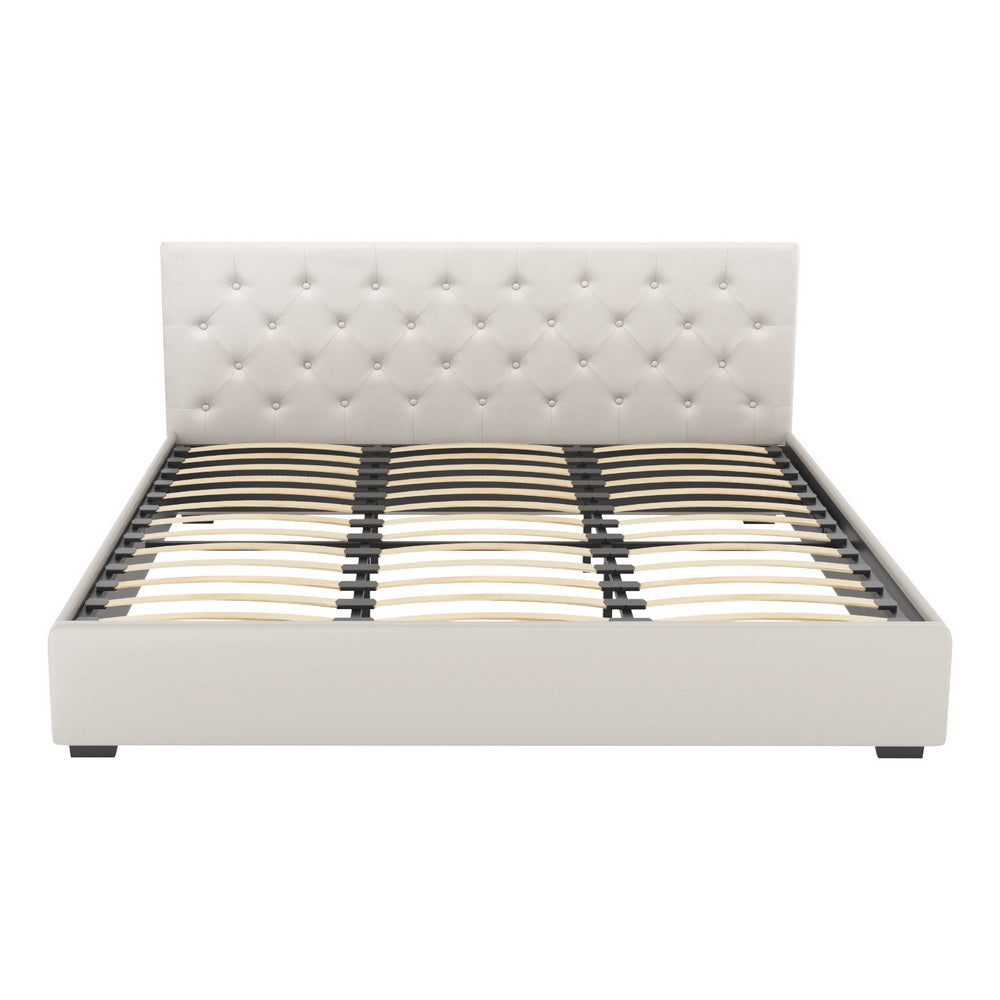 King Size Dorilla Gas Lift Storage Bed Frame with Bonita Pillow Top Mattress - Medium Firm Beige Upholstered Platform Bed | Perfect for Small Spaces, Guest Rooms & Modern Bedrooms