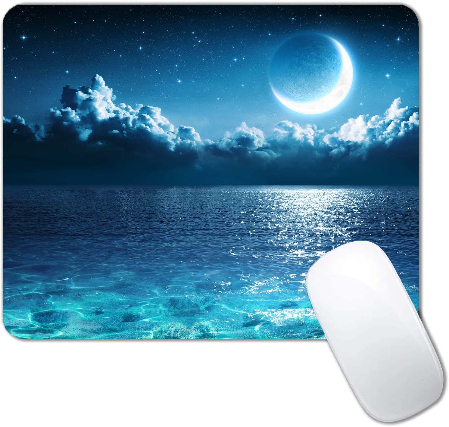 Ocean and Moon Mouse Pad - Non-Slip Rubber Base Waterproof Mouse Mat with Romantic Moon on Sea Design for Office & Laptop (9.5