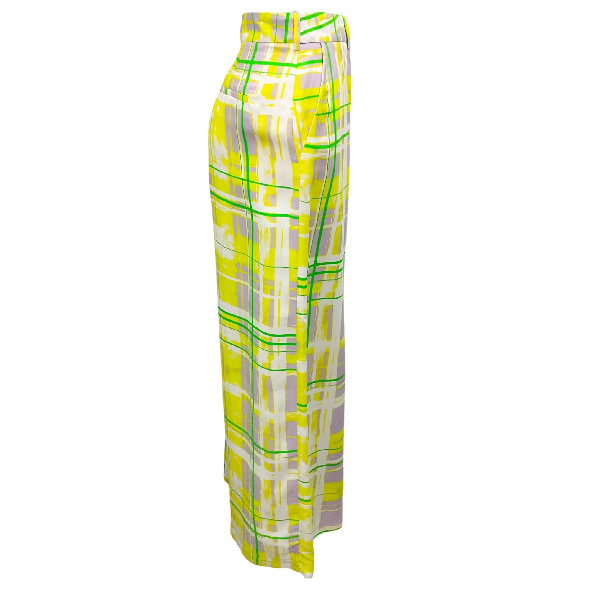 Maison Rabih Kayrouz Women's Lime Green Printed Satin Pants - Elegant High-Waisted Lounge Pants for Casual Wear & Evening Outfits
