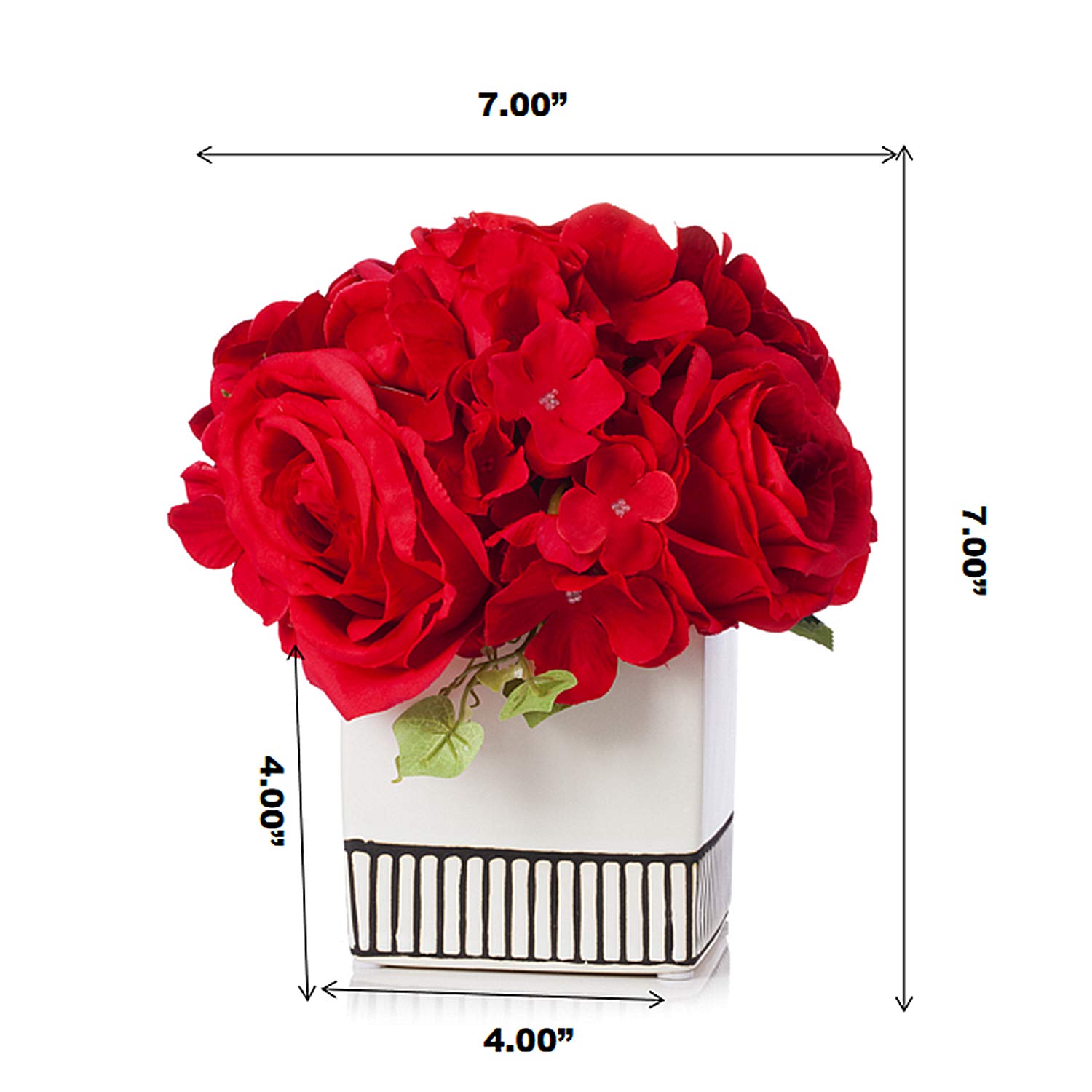 Enova Home Artificial Rose & Hydrangea Silk Flower Arrangement in White Ceramic Pot - Elegant Home Decor, Wedding Centerpiece, Table Decor (Red) | Perfect for Living Room, Dining Table, Office Desk & Event Decorations