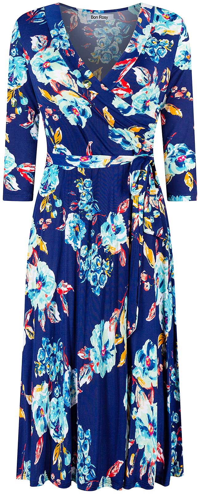 Women's Navy Blue 3/4 Sleeve Faux Wrap Midi Dress - Made in USA, Knee Length Summer Dress for Wedding Guest, Party, Bridal Shower, Baby Shower & Maternity Nursing - Perfect for Office Work, Date Night and Cocktail Events