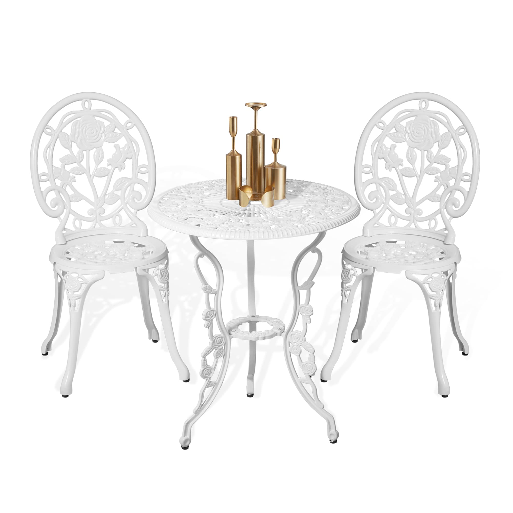 Homefun 3-Piece Outdoor Bistro Set - Rose White Cast Aluminum Patio Table & 2 Chairs for Garden, Balcony - All-Weather Rust-Resistant Dining Furniture (Perfect for Morning Coffee, Small Space Entertaining & Apartment Decor)