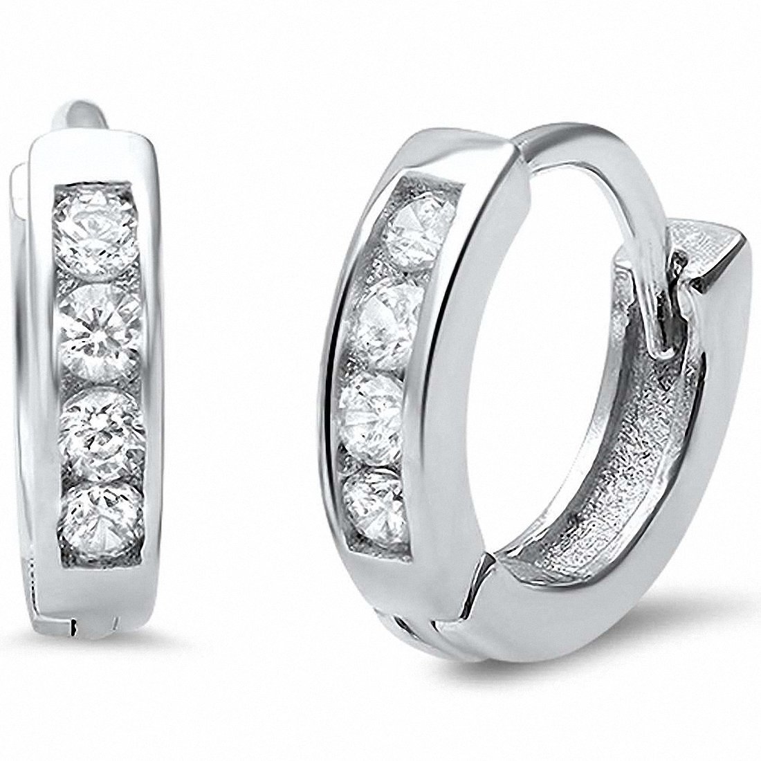 Half Eternity Hoop Huggie Earrings - Round Cubic Zirconia 925 Sterling Silver Earrings for Women - Choose Your Color - Perfect for Date Night, Wedding & Everyday Wear