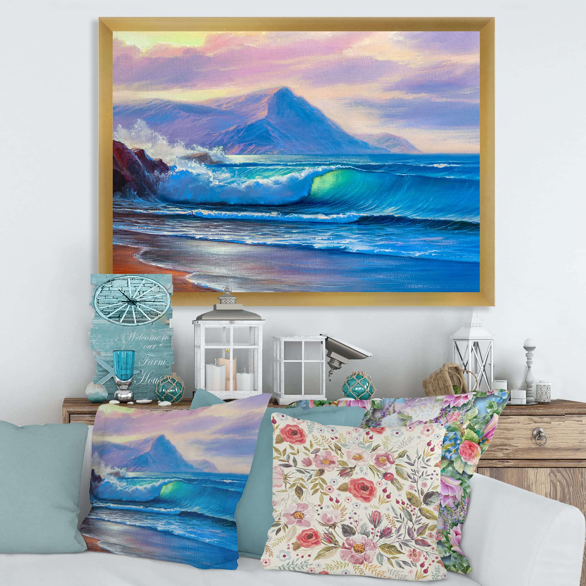 DesignQ Blue Waves Breaking At The Beach - Nautical Coastal Framed Wall Art Decor for Living Room, Bedroom & Office - Ocean Themed Home Decor