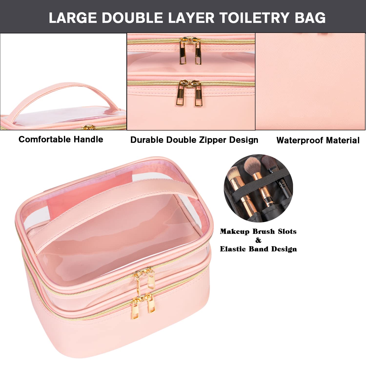 FITINI Double Layer Water-resistant Makeup Bag for Women - Travel Cosmetic Organizer with Brush Holder, Light Pink | Perfect for Travel, Gym, and Daily Makeup Storage