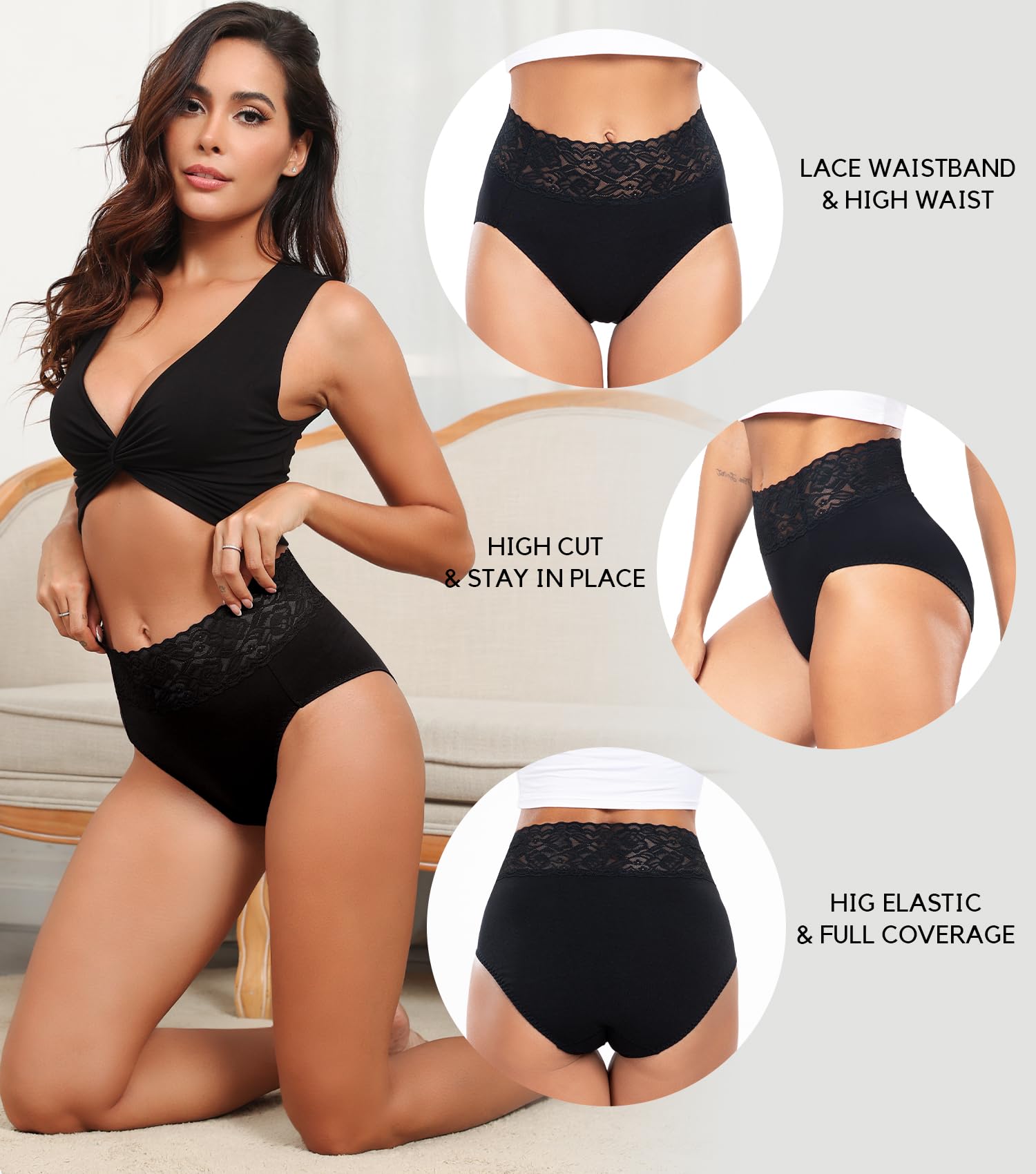 Wealurre Women's Cotton Bikini Panties - High Waisted Lace Hipster Stretch Underwear Briefs - 5 Pack Soft Comfortable Ladies Underwear for Everyday Wear & Special Occasions