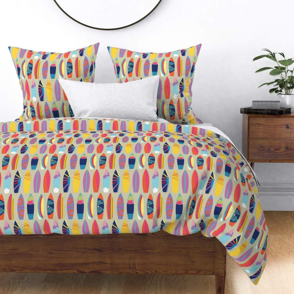 Colorful Surf Sand Print Cotton Sateen Duvet Cover King/California King Size - 1960s Hippie Beach Style Custom Bedding for Bohemian & Surf-Themed Bedrooms