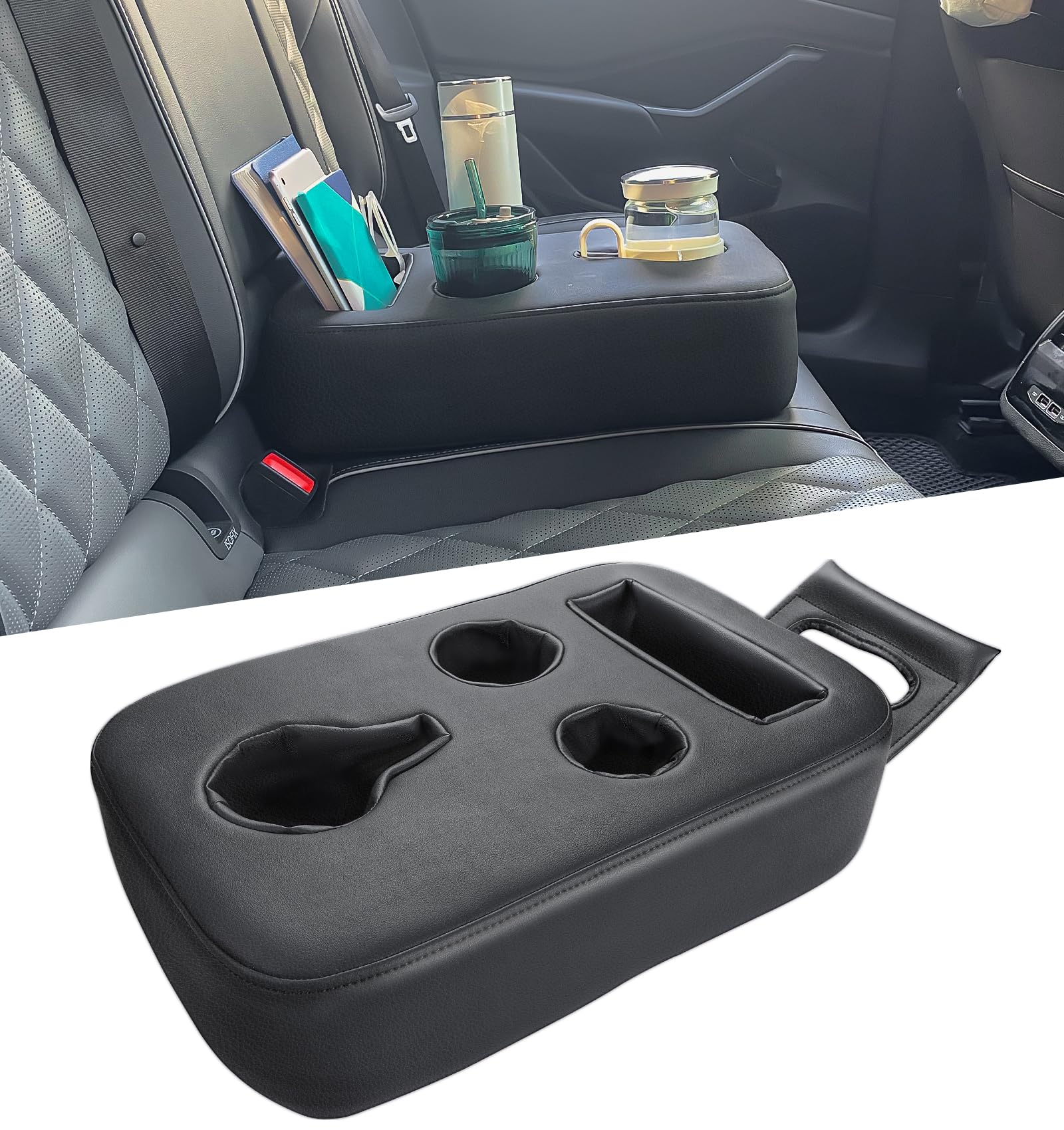 Premium Car Cup Holder Organizer - Back Seat PU Leather Drink Tray for Vehicles (Trucks, SUVs, Minivans, RVs) with Snack & Remote Storage - Perfect for Road Trips, Camping & Family Travel