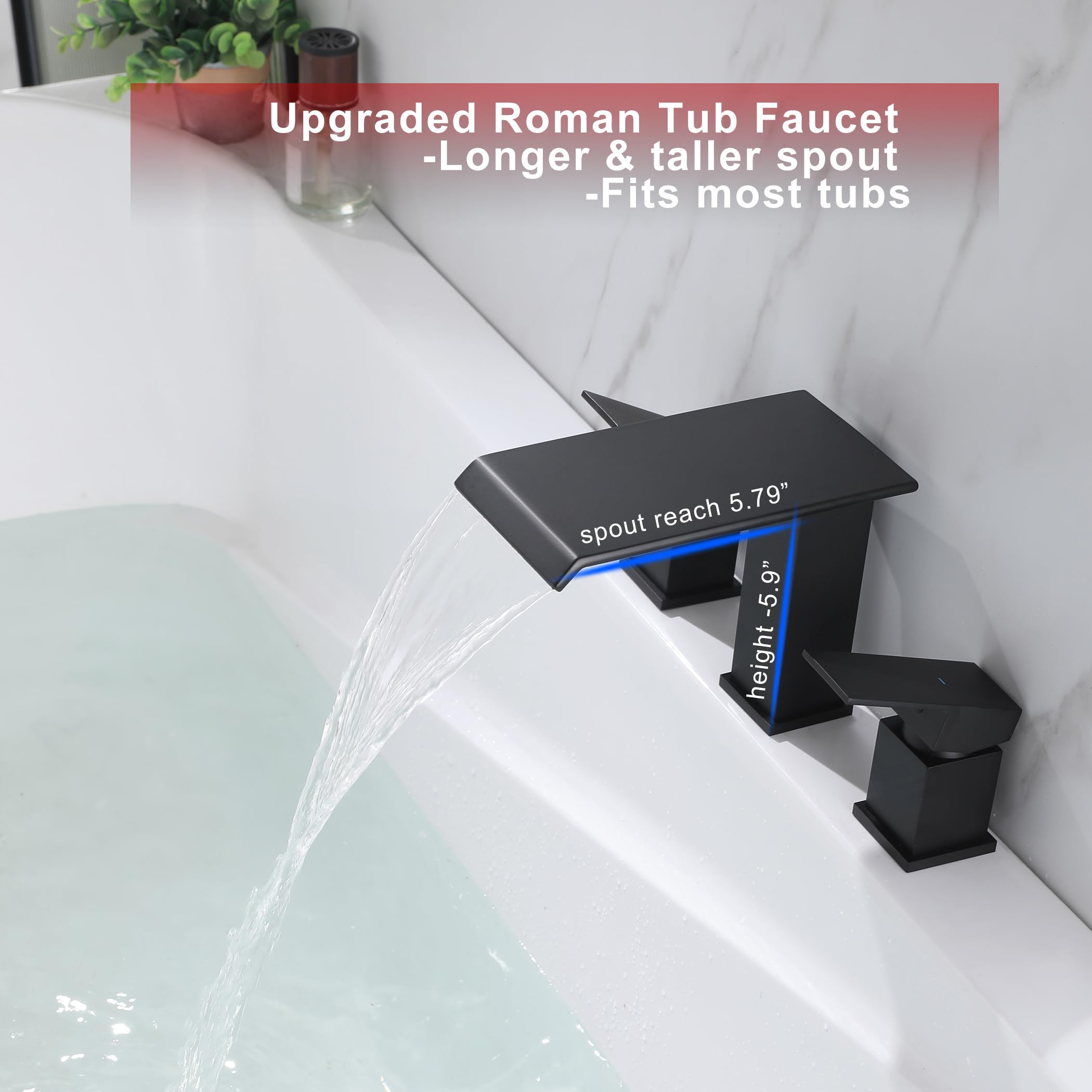 Roman Tub Faucet - 2 Handle Waterfall Spout Matte Black 3 Hole Bathtub Faucet with High Flow - Perfect for Luxury Bathrooms, Spa Retreats & Modern Home Decor