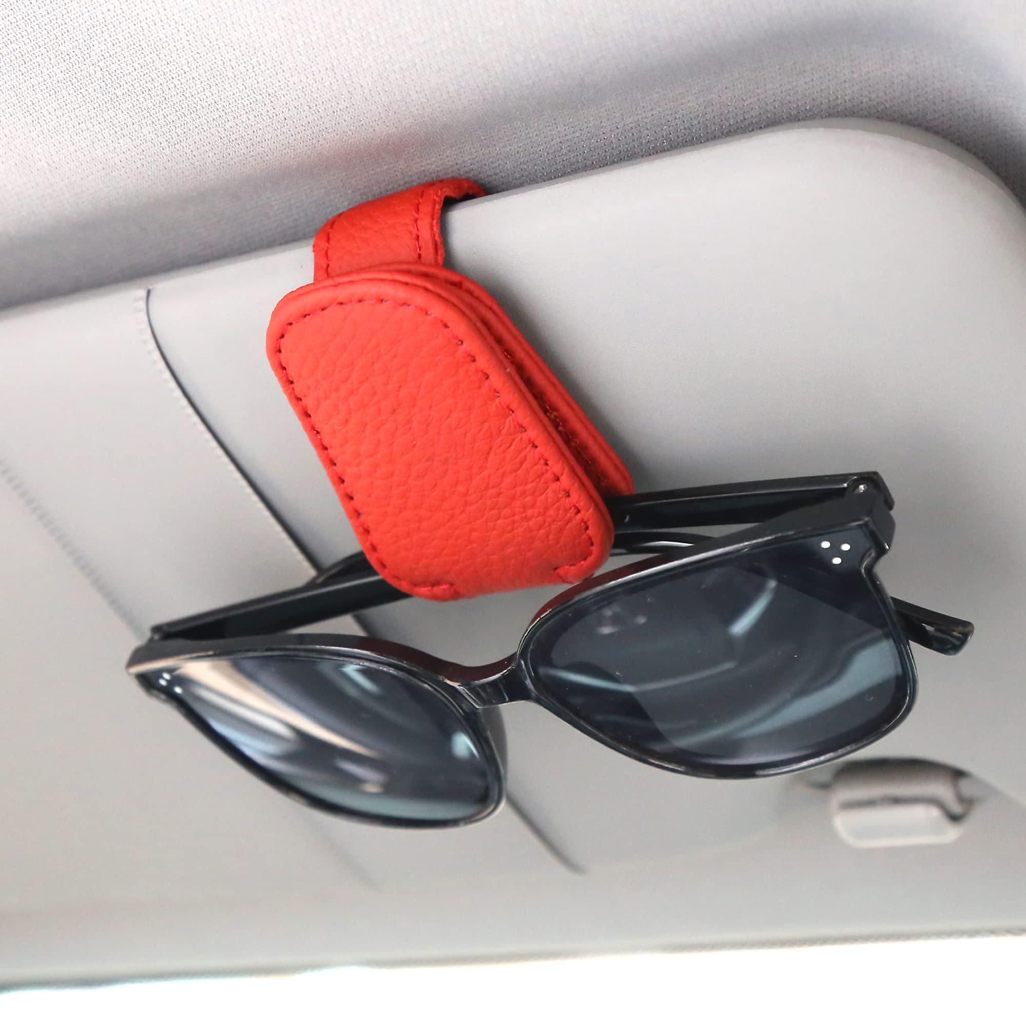 KIWEN 2-Pack Magnetic Leather Sunglasses Holder for Car Visor - Eyeglass Clip & Ticket Organizer - Red Car Accessories for Driving, Travel & Outdoor Activities