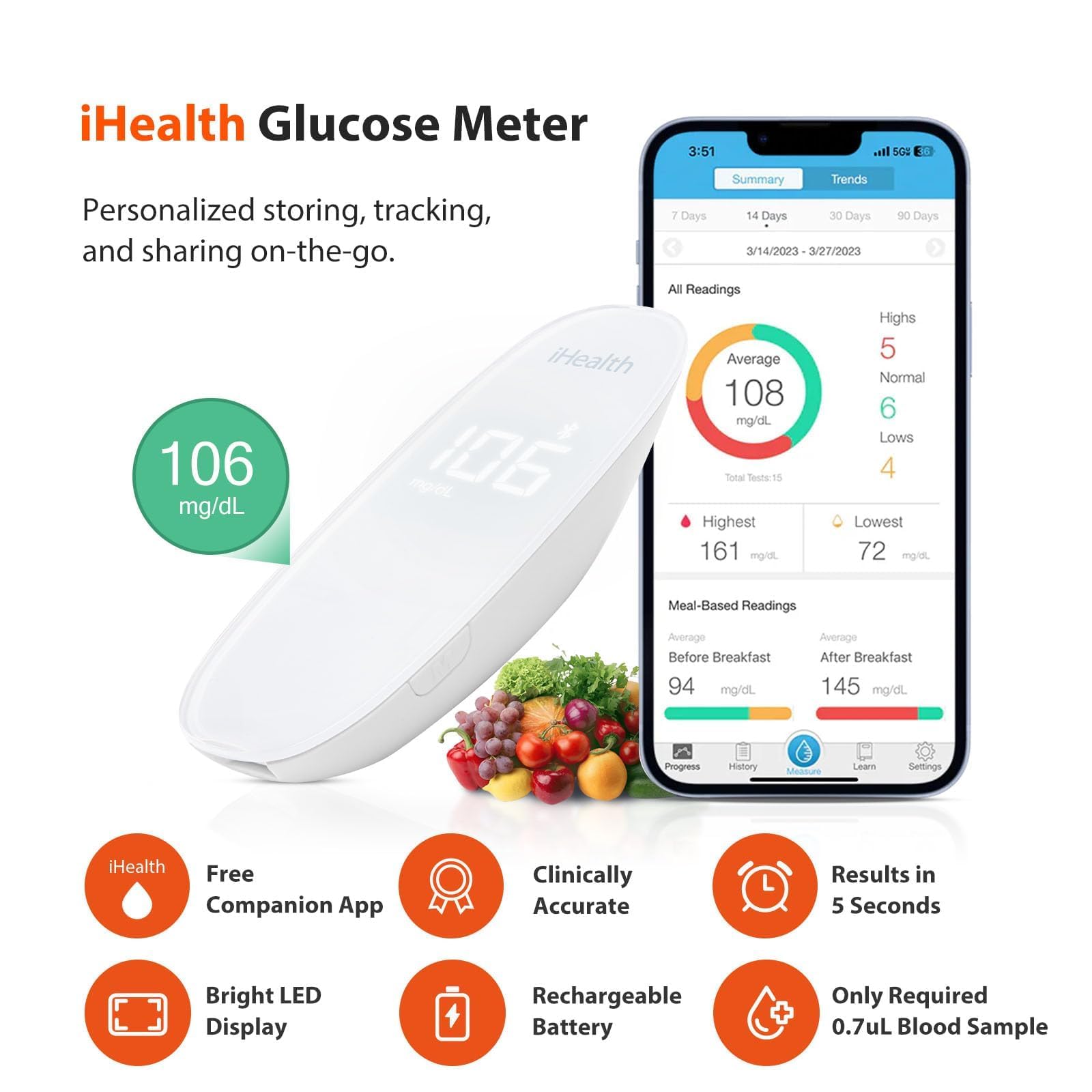 iHealth Gluco+ Wireless Smart Blood Glucose Monitor Kit - 100 Test Strips & Lancets - Bluetooth Diabetes Testing Meter with Mobile App - Home & Travel Use for Type 1 & 2 Diabetics