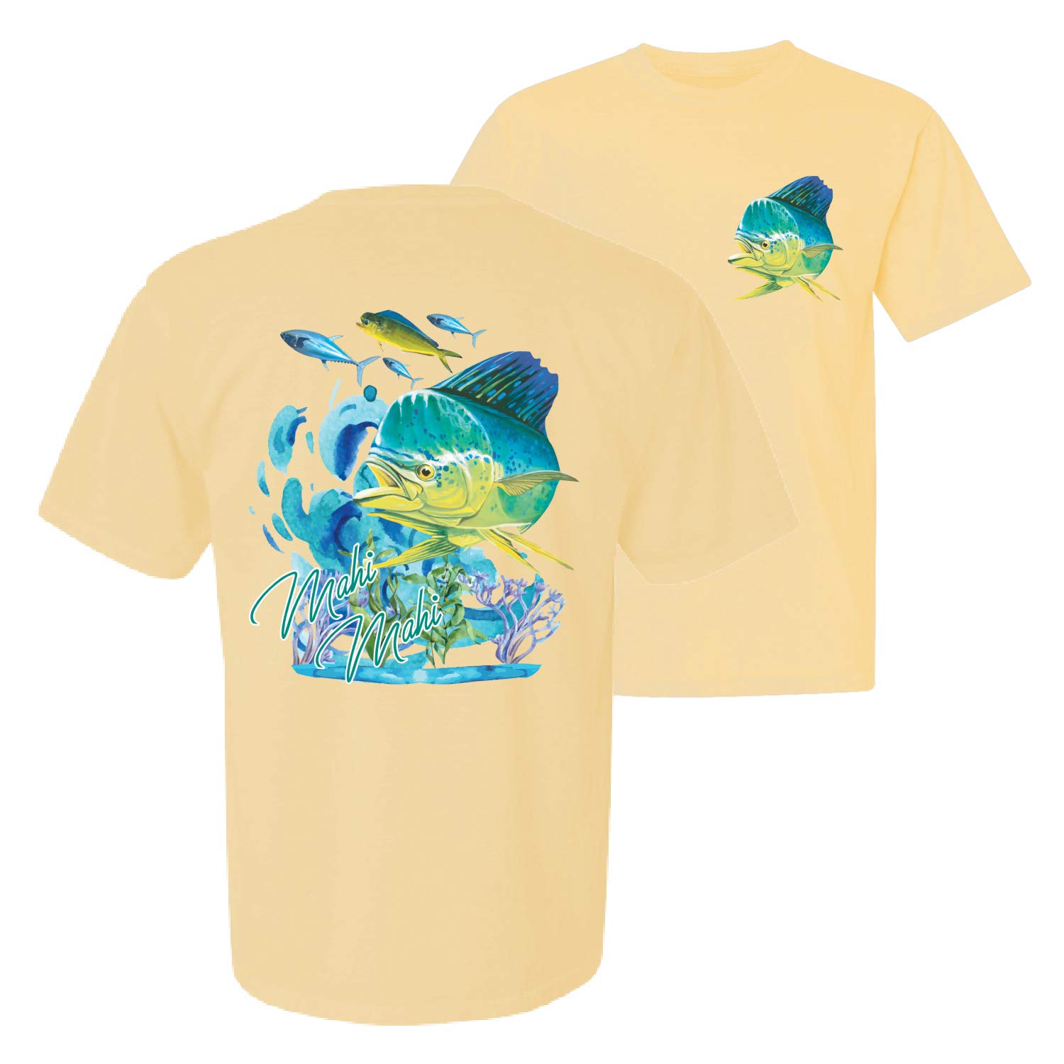 Vintage Nautical Mahi Fish Print Short Sleeve T-Shirt - Soft Garment-Dyed Cotton Tee for Men & Women - Perfect for Fishing, Beach Outings and Casual Summer Wear