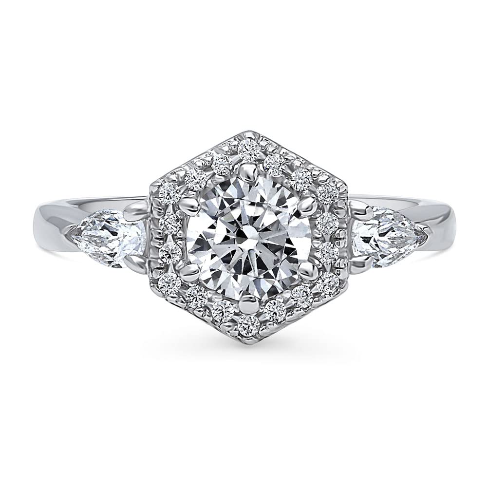 BERRICLE Sterling Silver 3-Stone Wedding Engagement Ring 0.8 Carat Round Cut Cubic Zirconia CZ Hexagon Ring for Women, Rhodium Plated Size 4-10 - Perfect for Proposals, Anniversaries & Special Occasions
