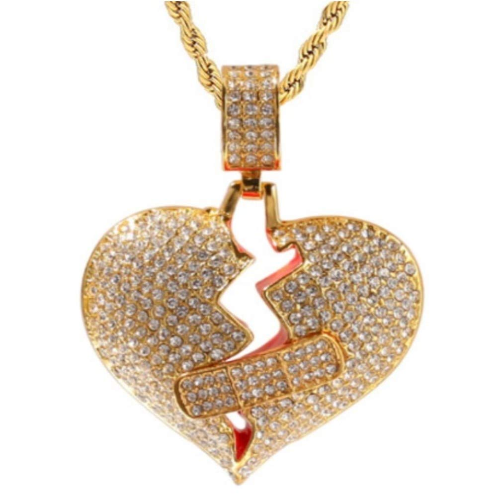 18K Gold Plated Iced Out Rhinestone Twist Rap Chain Necklace for Men & Women - Broken Heart Pendant Hip Hop Jewelry Gift for Valentine's Day, Anniversary & Party Wear