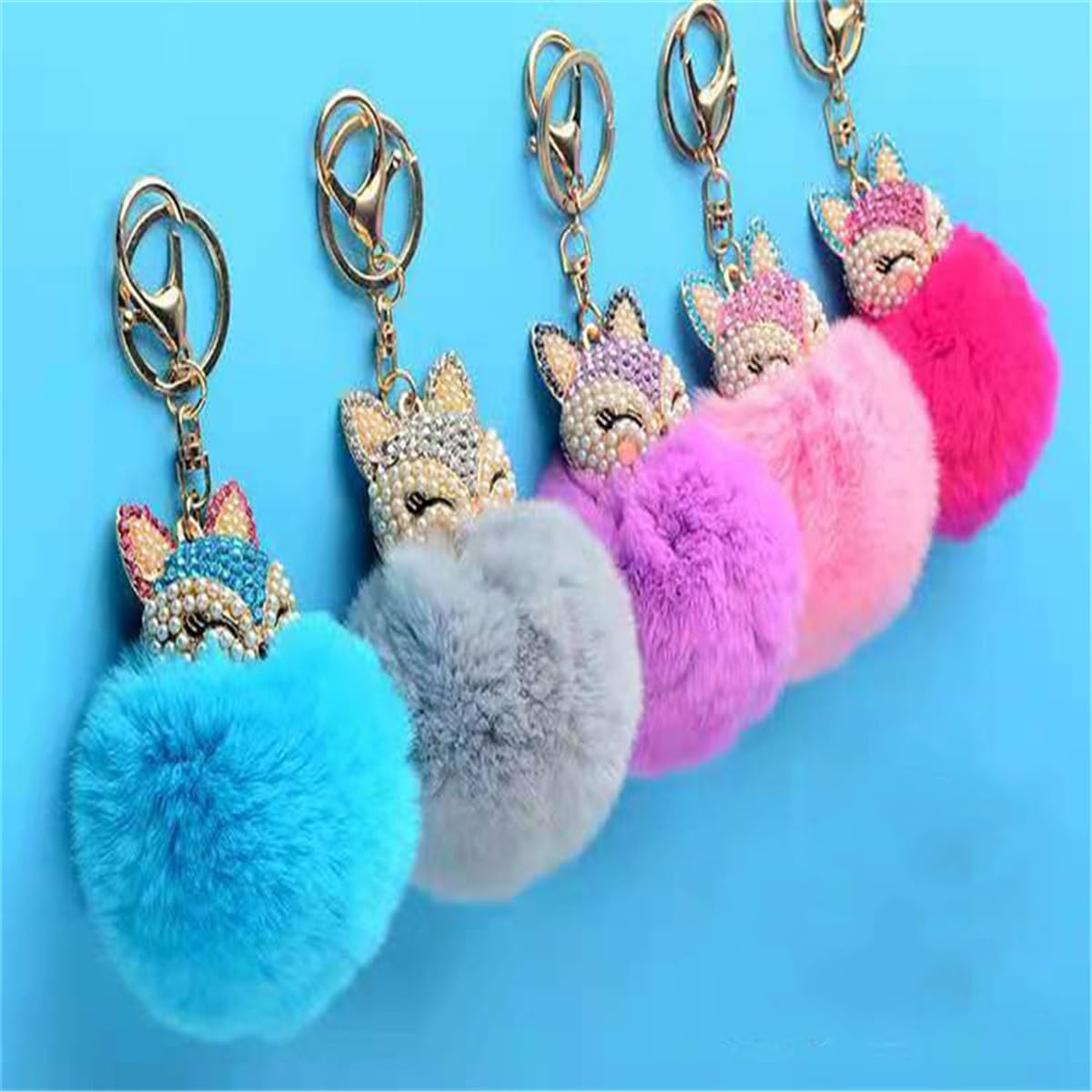Fox & Rabbit Fur Pom Pom Keychain for Women - Crystal Rhinestone Diamond Car Keychain - Stylish Gift for Purse, Bag, Keys & Everyday Use