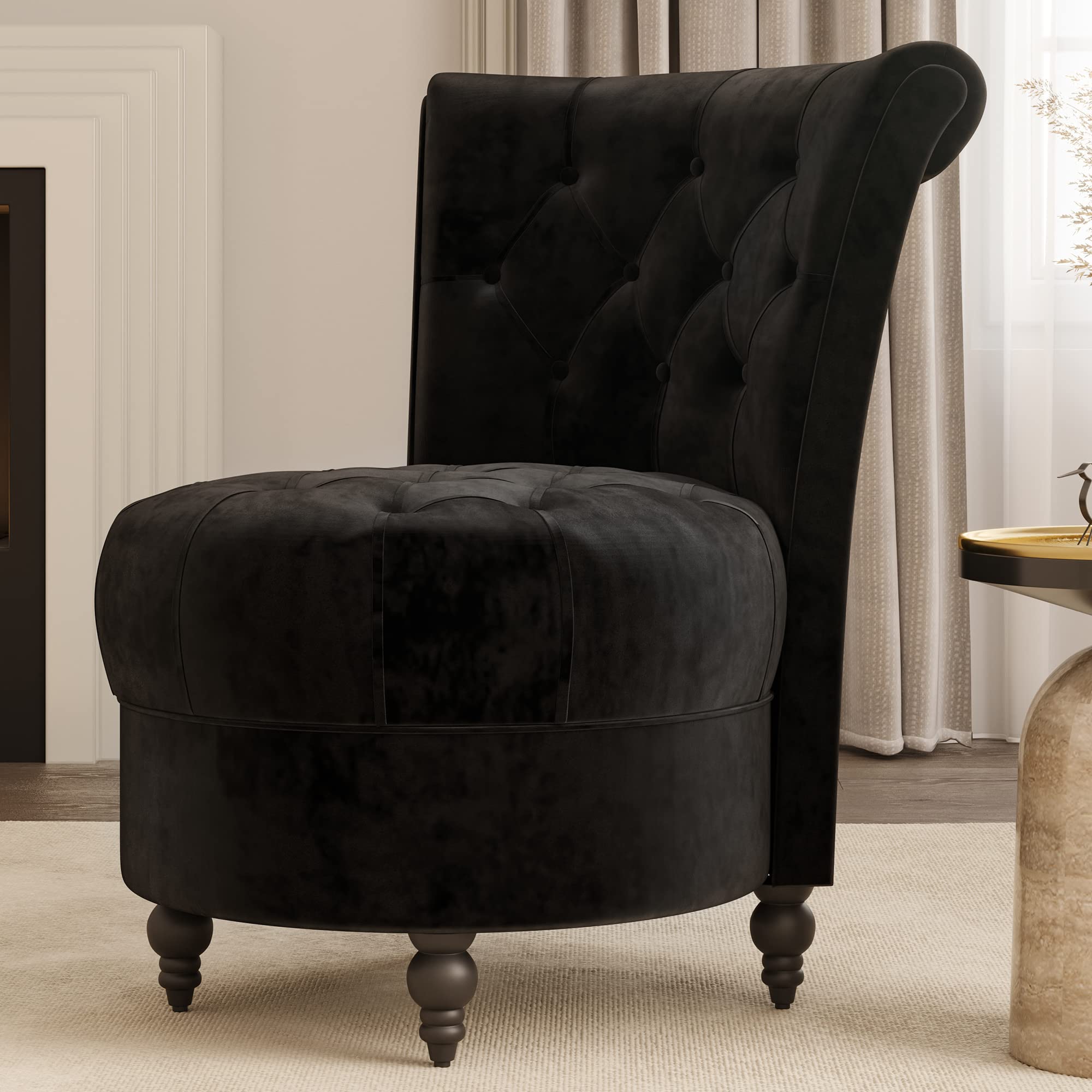 BELLEZE Throne Royal Accent Chair - Luxurious Button-Tufted Velvet Upholstery, Low Back Armless Design with Thick Padding & Sturdy Rubberwood Legs - Perfect for Living Room, Bedroom or Office Decor (Black, Malik Style)