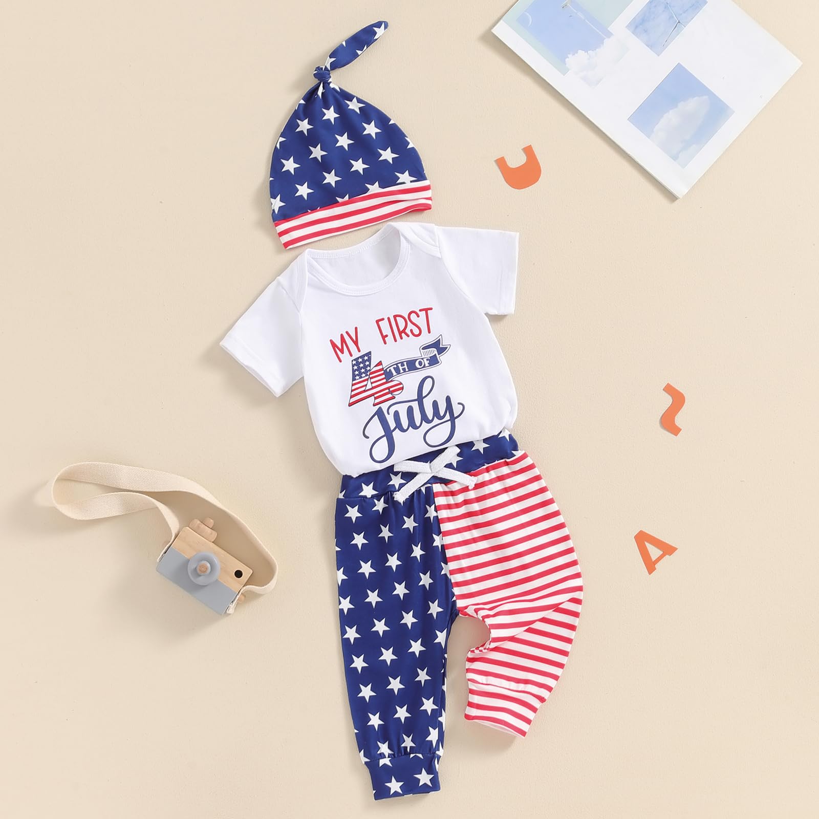Adorable 4th of July Baby Boy Outfit - Stars & Stripes Romper with Pants - 1st Independence Day Newborn Clothes | Perfect for Family BBQs, Fireworks & Patriotic Photo Shoots