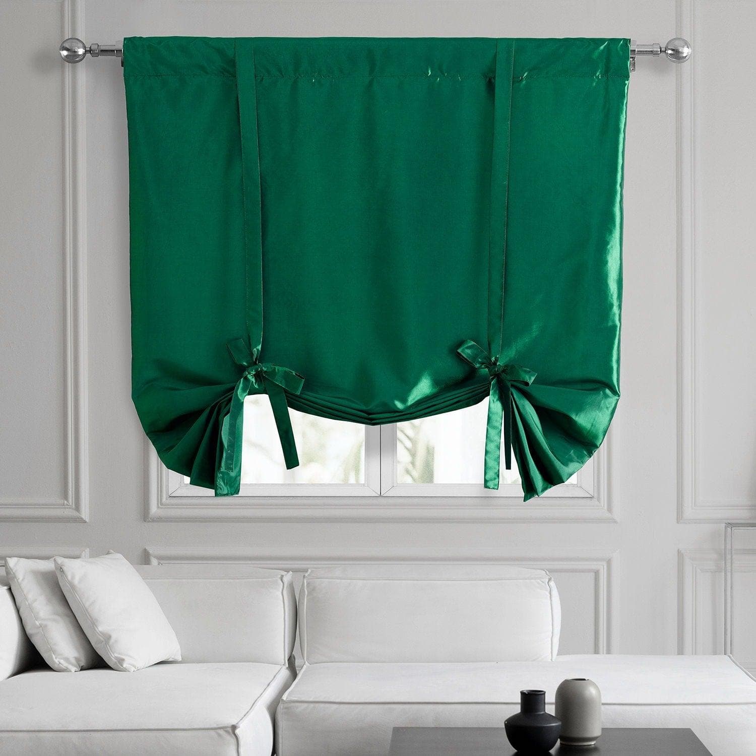 Emerald Green Solid Faux Silk Taffeta Blackout Window Shade - Elegant Room Darkening Tie-Up Curtain for Bedroom, Living Room & Nursery (Home Decor)