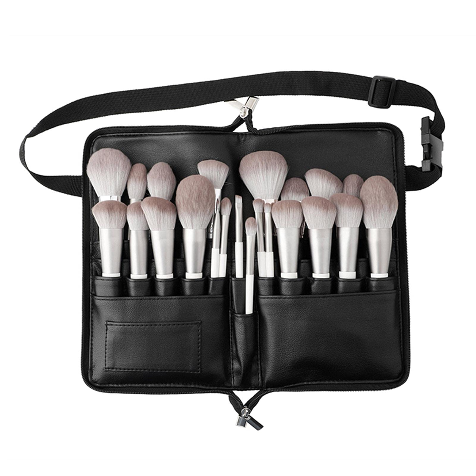 Professional Makeup Brush Organizer Bag - 24 Pockets Foldable Cosmetic Brush Holder with Artist Belt Strap & Zipper Closure | Perfect for Travel, Home Storage & Makeup Artist On-The-Go (Brushes Not Included)