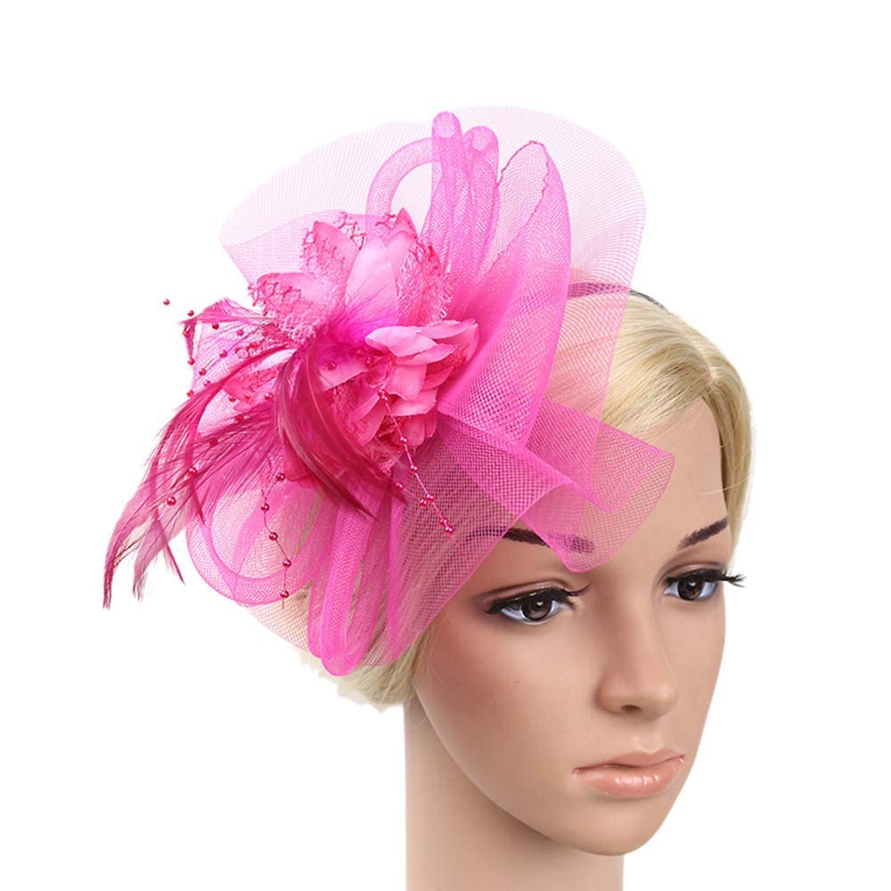 FIN86 Winter Fashion Hats for Men & Women - Elegant Wedding Mesh Fascinator with Penny Ribbons & Feathers in Hot Pink | Perfect for Parties, Weddings & Special Occasions