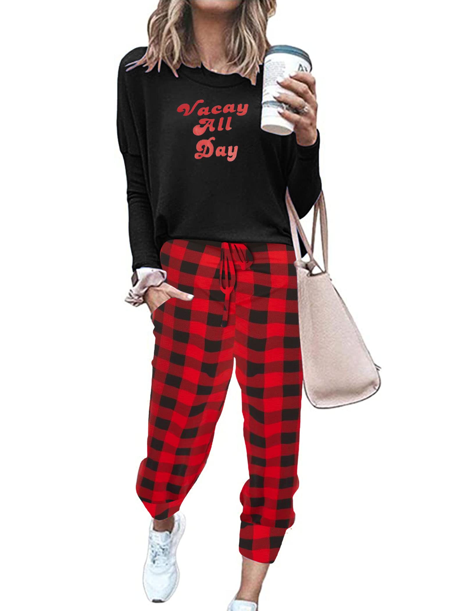 Ekouaer Women's Long Sleeve Pajama Set - Soft 2 Piece Lounge Outfit with Pullover Top & Jogger Pants | Cozy Sleepwear, Loungewear & Casual Home Wear for Women