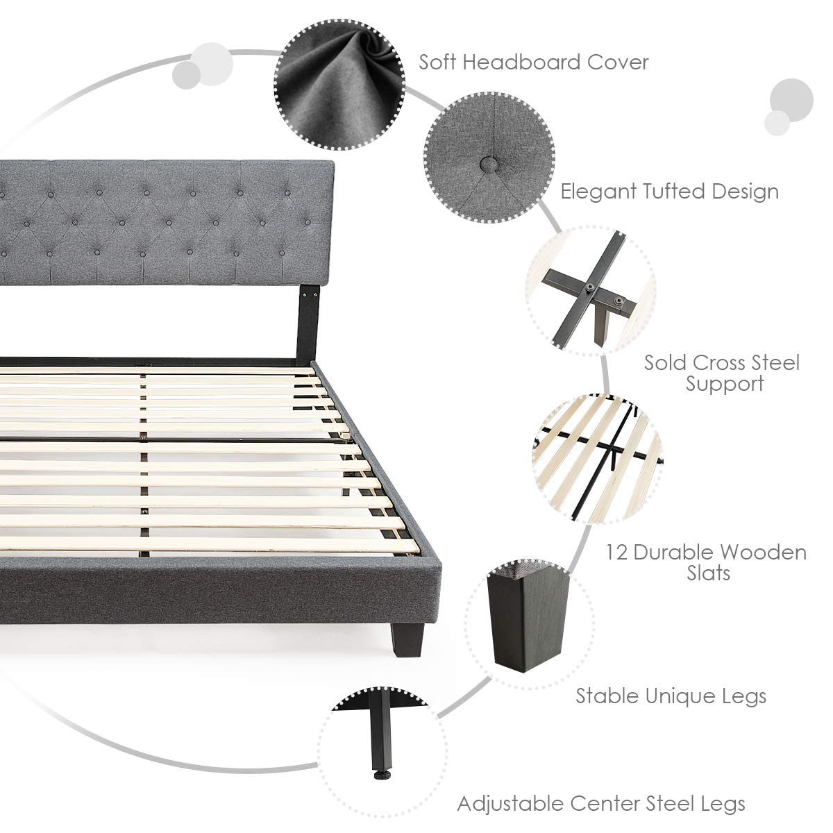 Giantex Queen Size Shalini Upholstered Platform Bed with Diamond Stitched Linen Headboard - Sturdy Metal Frame & 12 Wooden Slats Support - Easy Assembly Mattress Foundation for Modern Bedroom (Perfect for Guest Rooms, Master Bedrooms & Small Spaces)