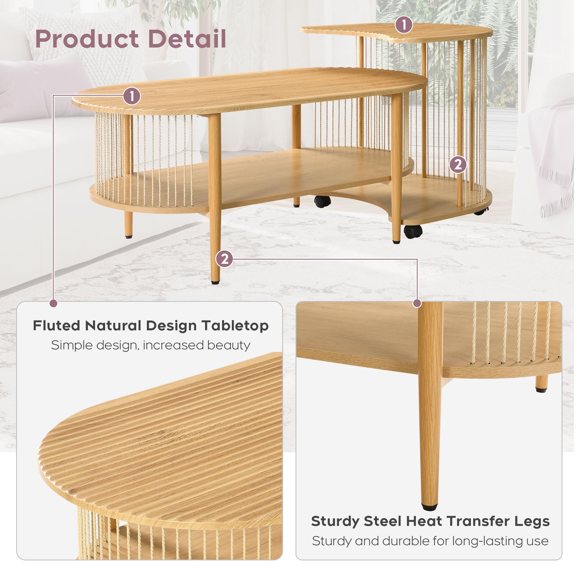 Brafab 2-Piece Boho Natural Fiber Rope Coffee Table Set - Modern Oval Nesting Side Tables with Fluted Tabletop & 2-Tier Storage, Wheeled End Tables for Living Room, Bedroom & Patio Decor