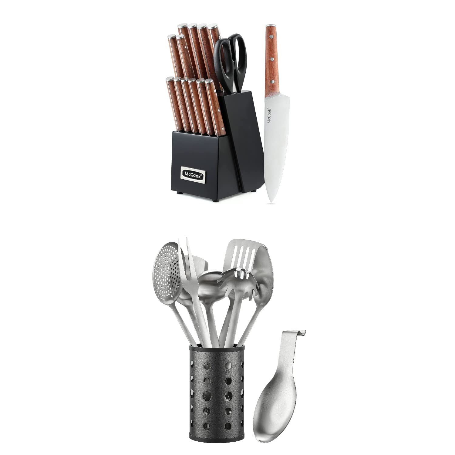 McCook MC16 Full Tang German Stainless Steel Knife Block Set with MC60 Kitchen Utensils - Professional Chef Knives & Cooking Tools for Home Kitchen, BBQ, Camping & Outdoor Cooking