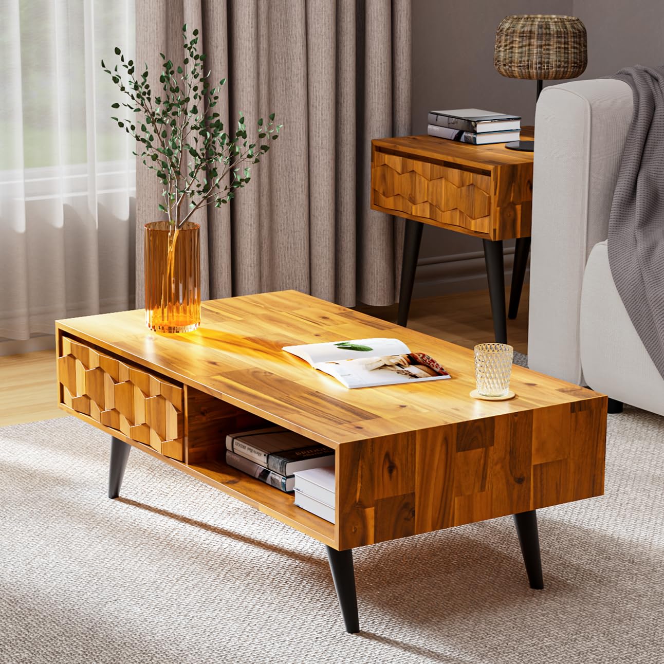 Mid Century Modern Coffee Table - Solid Wood with Storage Drawers for Living Room | Home Decor Centerpiece