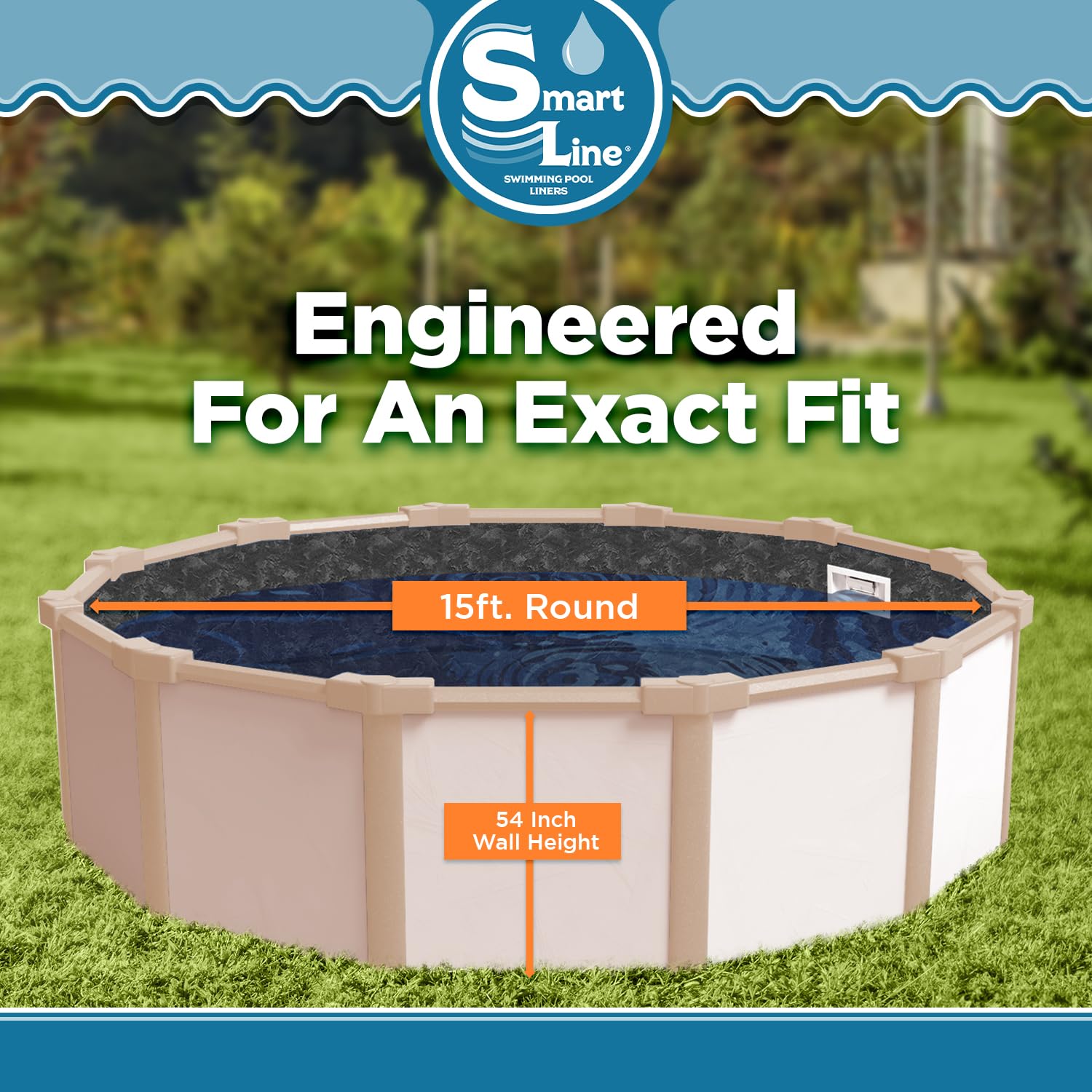 SmartLine 15 ft Round Swimming Pool Liner - River Slate Overlap Style, 54 Inch Wall Height, 25 Gauge Heavy Duty Virgin Vinyl for Steel Sided Above Ground Pools | Durable Pool Accessory for Backyard, Garden & Summer Fun