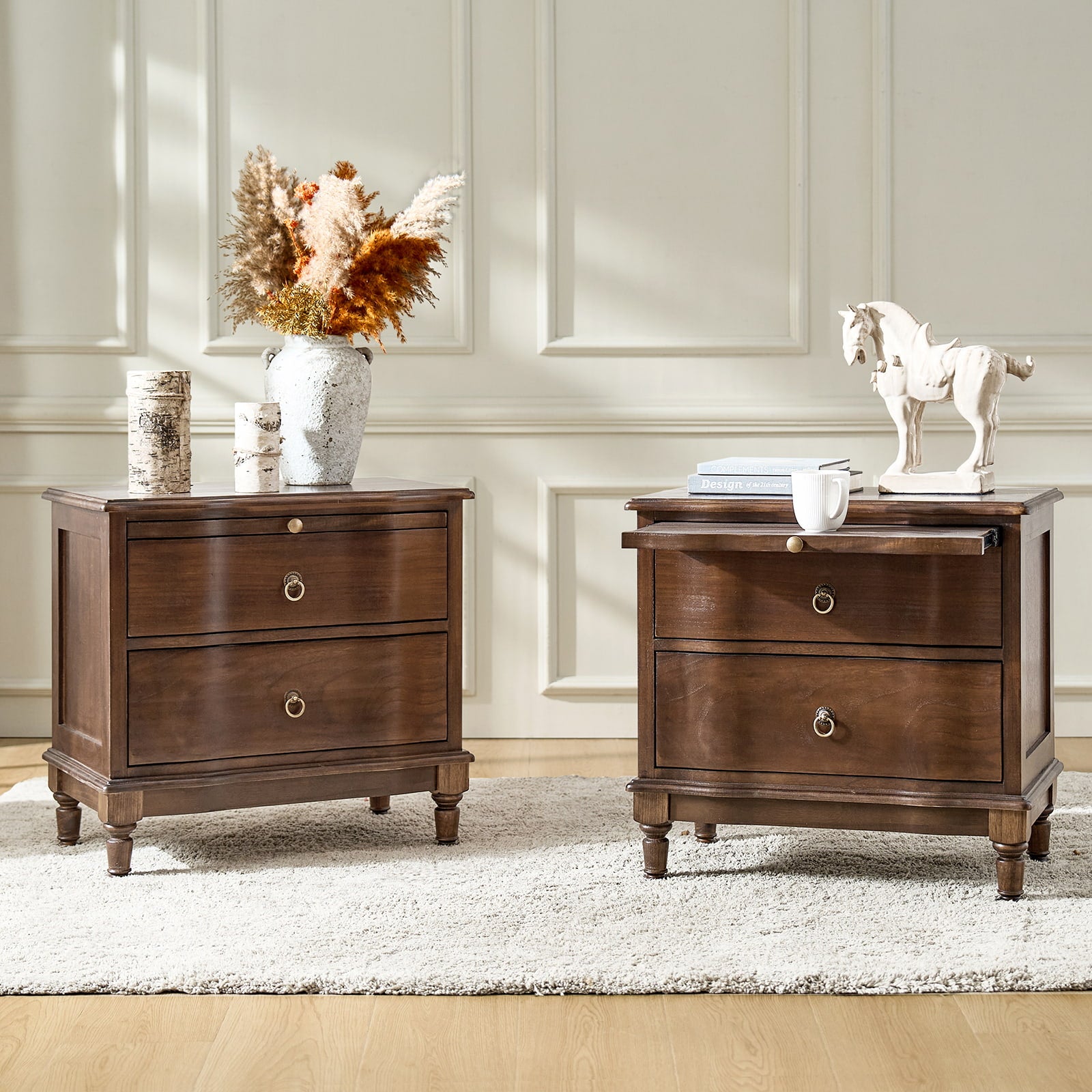 Solid Wood 2 Drawer Nightstand with USB Charging Ports, Pull-Out Shelf & Optional Styles - Modern Bedside Table for Bedroom, Guest Room & Small Spaces