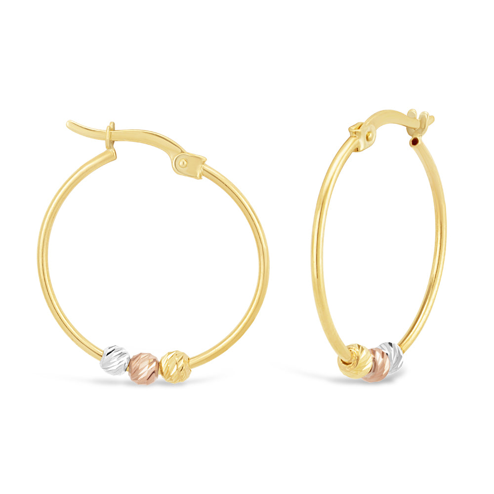 9ct Three Tone Gold Diamond Cut Beaded Hoop Earrings for Women - Elegant Dangle Hoops for Party, Wedding & Everyday Wear