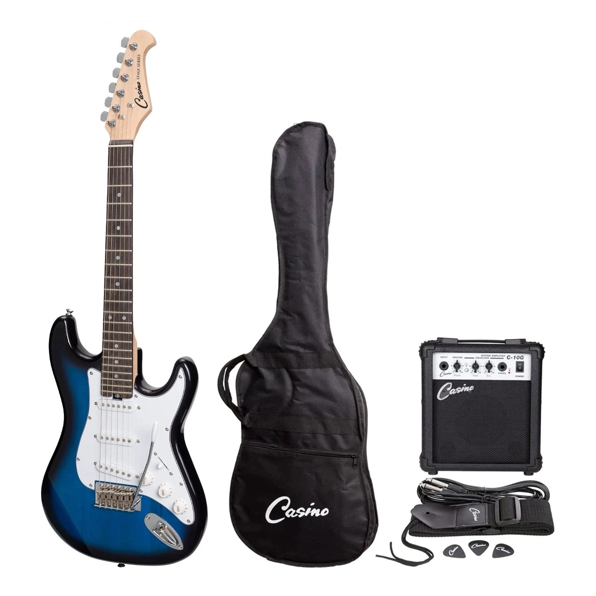 Casino ST Style Short Scale 3/4 Electric Guitar Pack with Amp & Accessories - Blue Burst Finish | Perfect for Beginners, Travel & Small Spaces