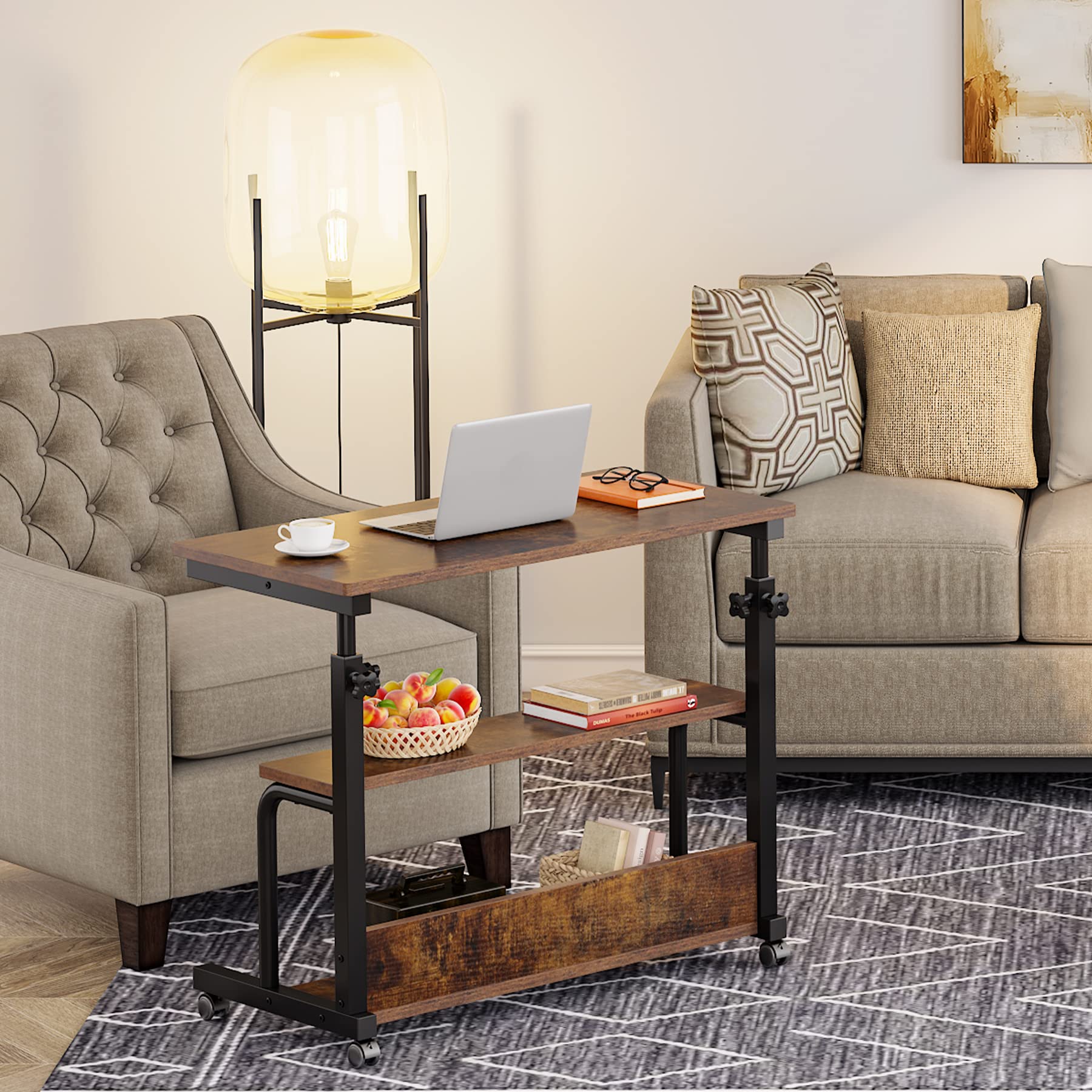Tribesigns Adjustable Height C-Shaped Laptop Table for Couch & Bed - Portable Standing Desk with Wheels, Mobile Side Table for Home Office, Gaming, Reading & Snacking (Brown)
