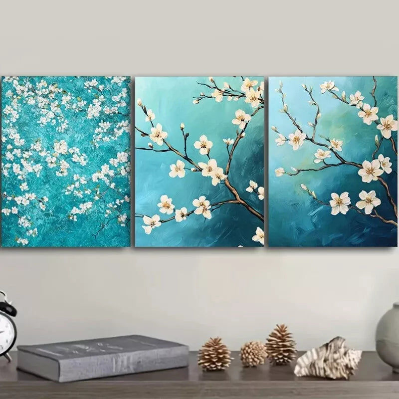3-Piece Green and White Blooming Almond Trees Wall Art Set - Framed Canvas 50x70cm - High Quality Print - 100% Australian Made - Ready to Hang - Perfect for Living Room, Bedroom, or Office Decor