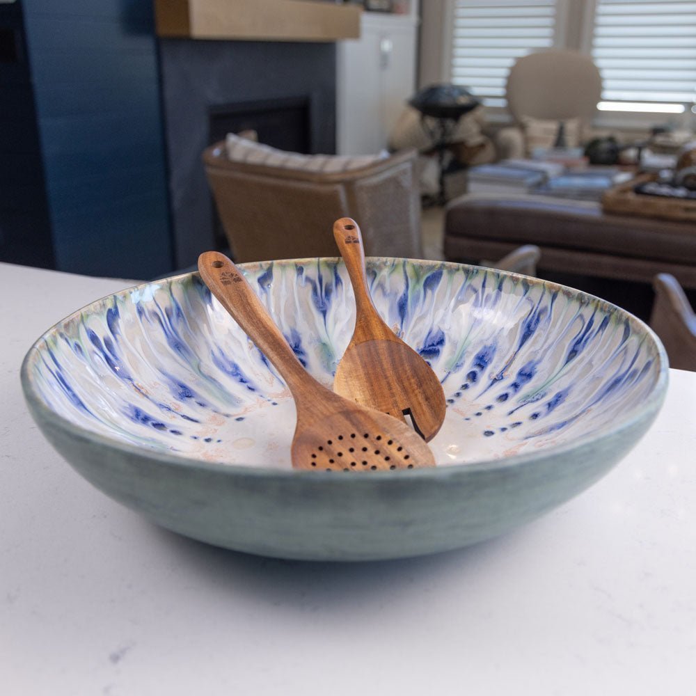 XXL Stoneware Decorative Serving Bowl with Dots - Handcrafted Ceramic Fruit & Salad Bowl - Perfect for Entertaining, Holiday Dinners & Farmhouse Table Decor