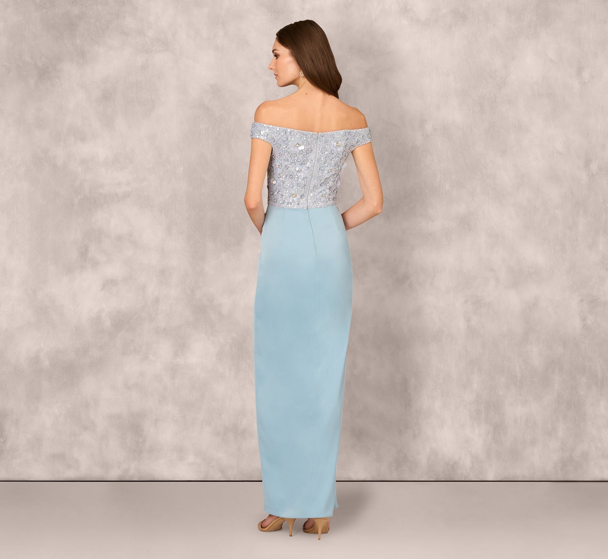 Elegant Off Shoulder Beaded Satin Long Dress - Clear Water Blue | Formal Evening Gown for Prom, Wedding & Special Occasions