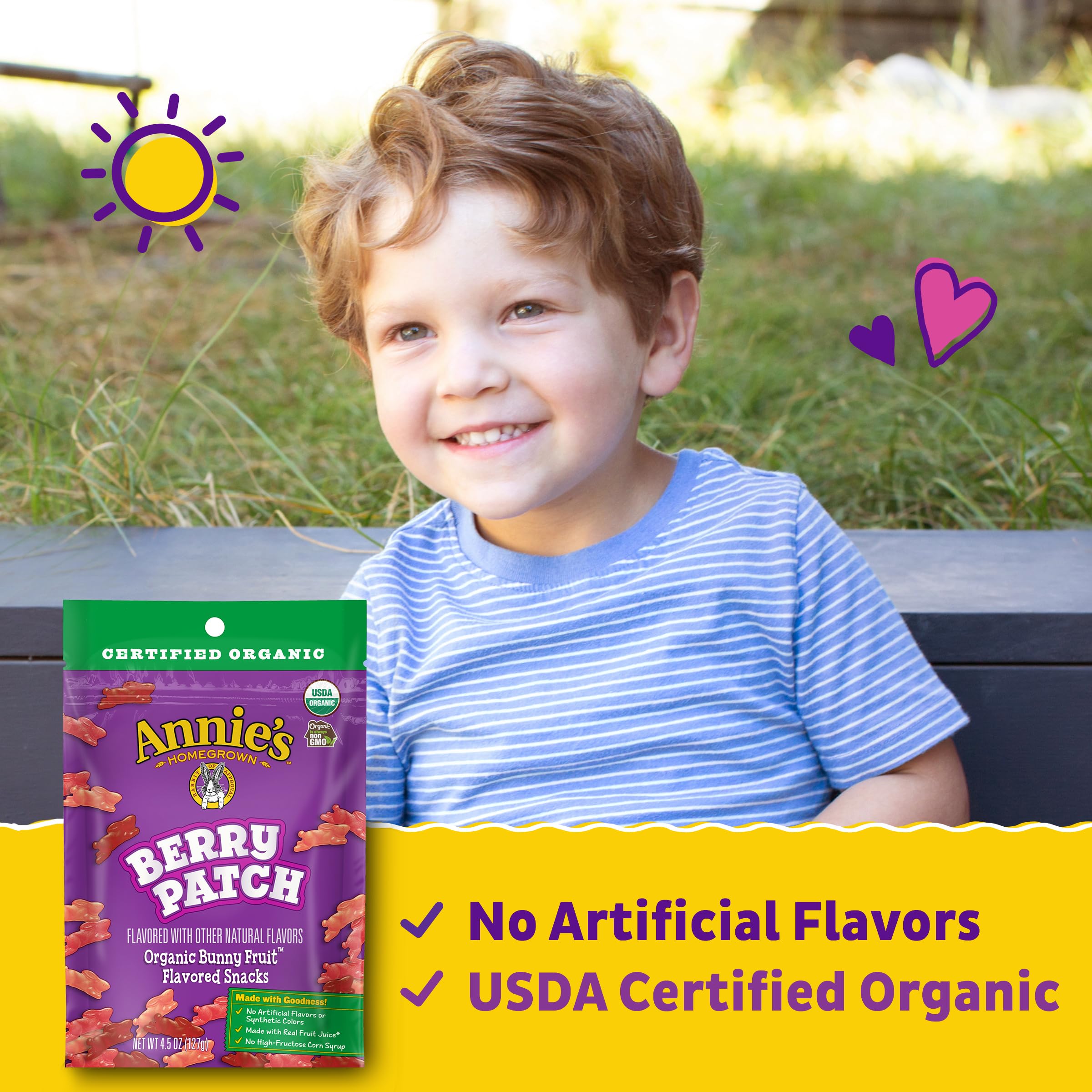 Organic Berry Bunny Fruit Snacks - Gluten Free, Resealable 4.5oz Pouch (Pack of 8) | Healthy Kids Snack for Lunchbox, School & On-The-Go | Annie's Berry Patch Flavored Treats