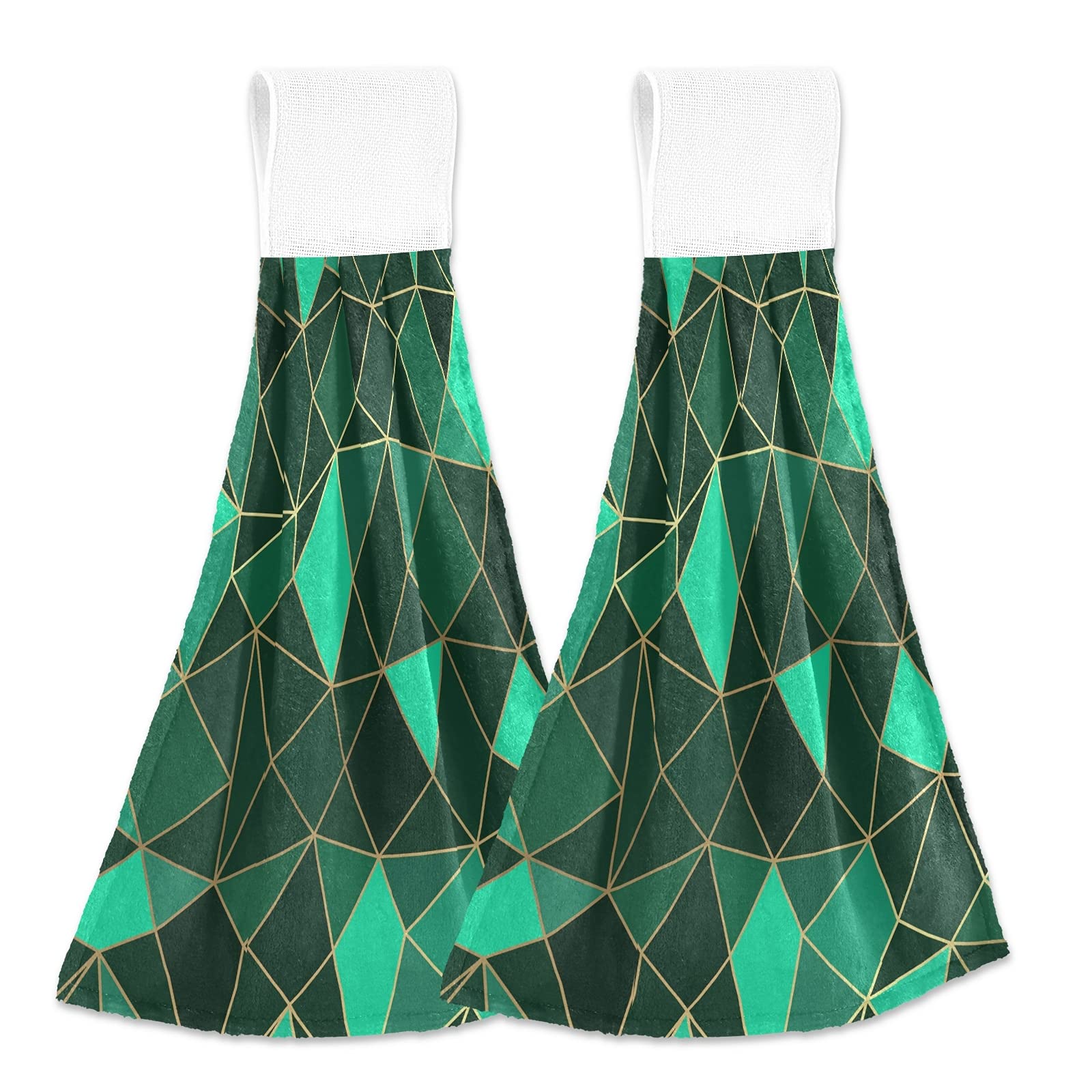 Poeticcity Luxury Emerald Geometric Diamond Gold & Green 2-Piece Kitchen Hand Towel Set with Hook & Loop - Absorbent Hanging Dishcloths for Tea Bar, Bath & Decorative Use
