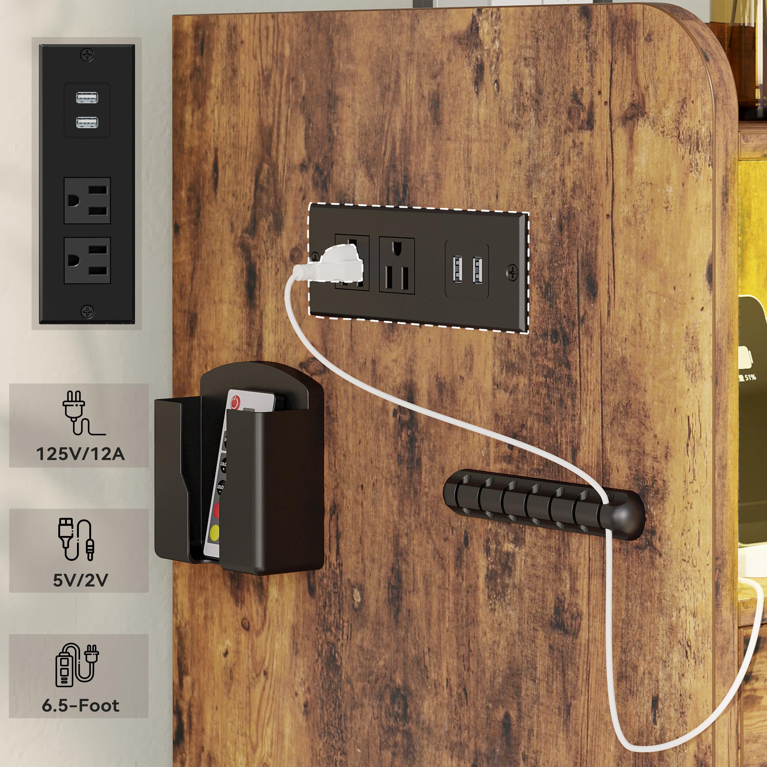 LIKIMIO Vintage Brown Nightstand with Charging Station, 3 Drawers & LED Lights - Interchangeable Sockets & Hooks - Perfect for Bedroom, Living Room or Office Side Table