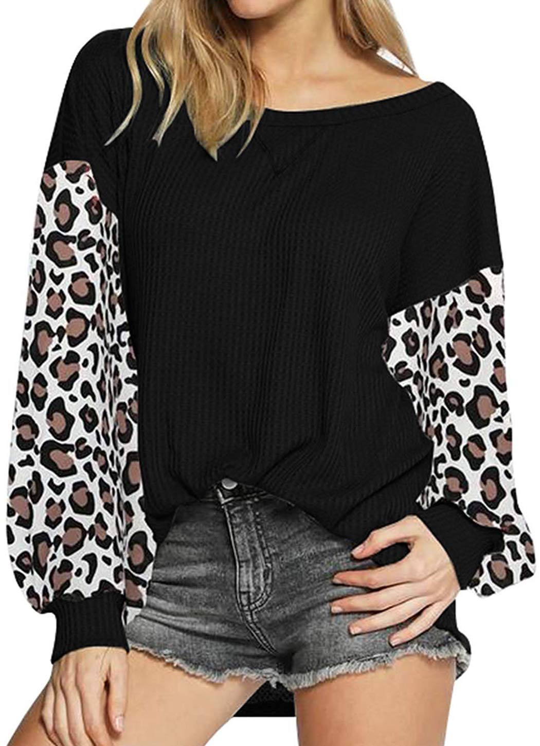 Women's Leopard Print Waffle Knit Pullover Sweater - Long Sleeve Casual Loose Fit Top for Fall & Winter | Perfect for Office, Date Night & Weekend Outings