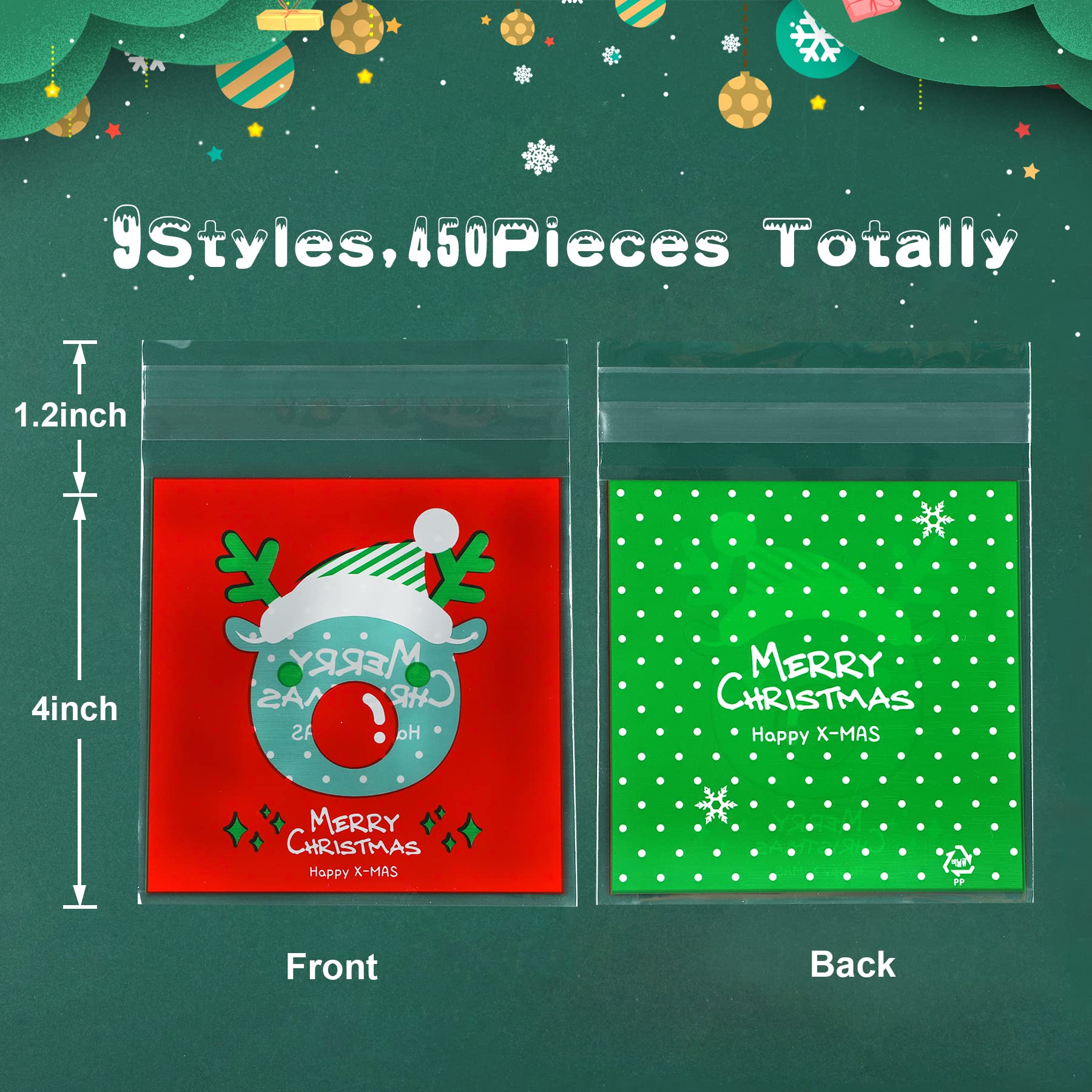 FEBSNOW 450 PCS Christmas Candy Bags - Self-Adhesive Cellophane Treat Bags for Cookies, Candies & Party Favors - Holiday Gift Wrapping & Decoration Supplies (9 Festive Patterns) - Perfect for Christmas Parties, Gift Exchanges & Cookie Packaging